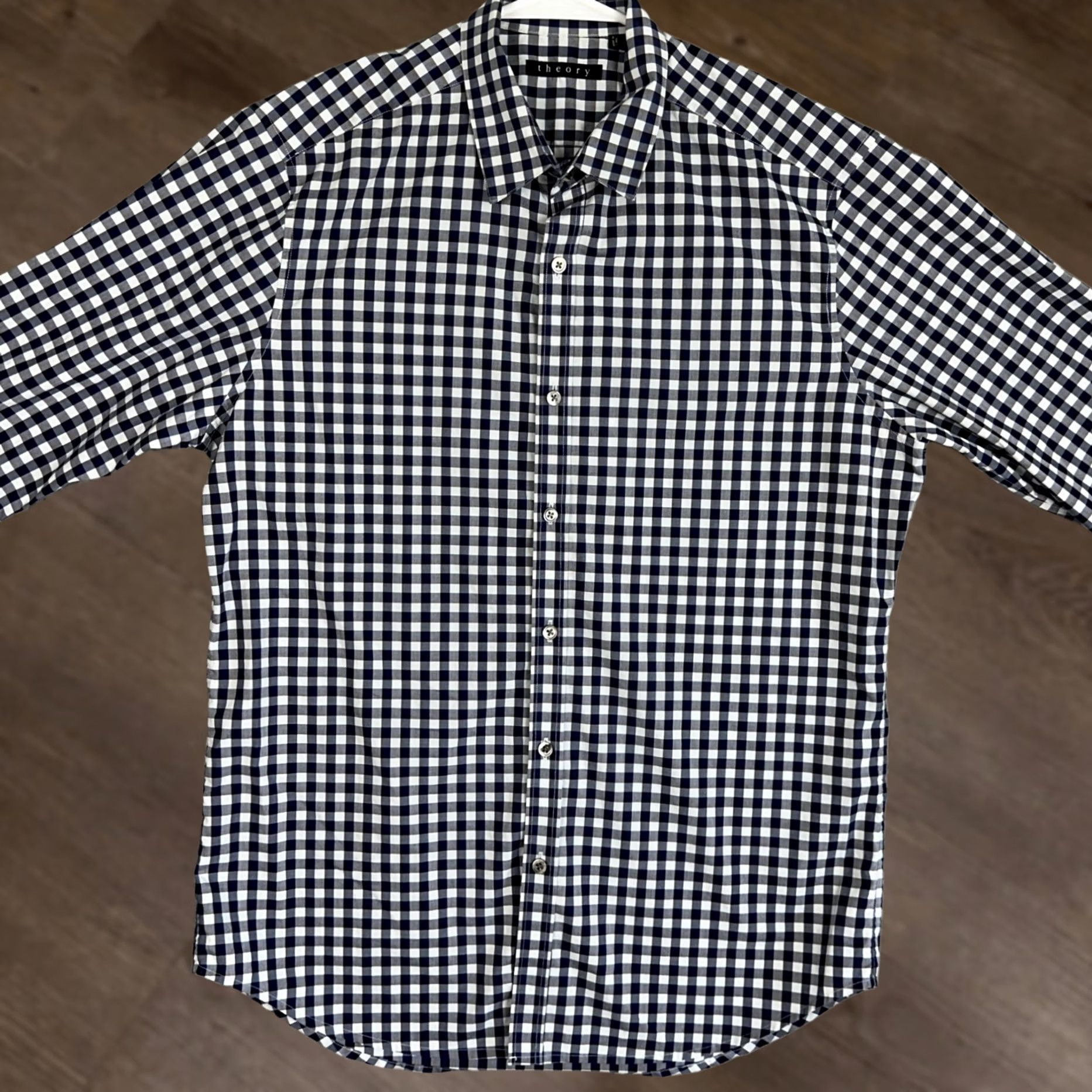 Theory Theory Shirt Mens Large Navy White Button Up Gingham Check Casual Long Sleeve Size US L / EU 52-54 / 3 - 1 Thumbnail