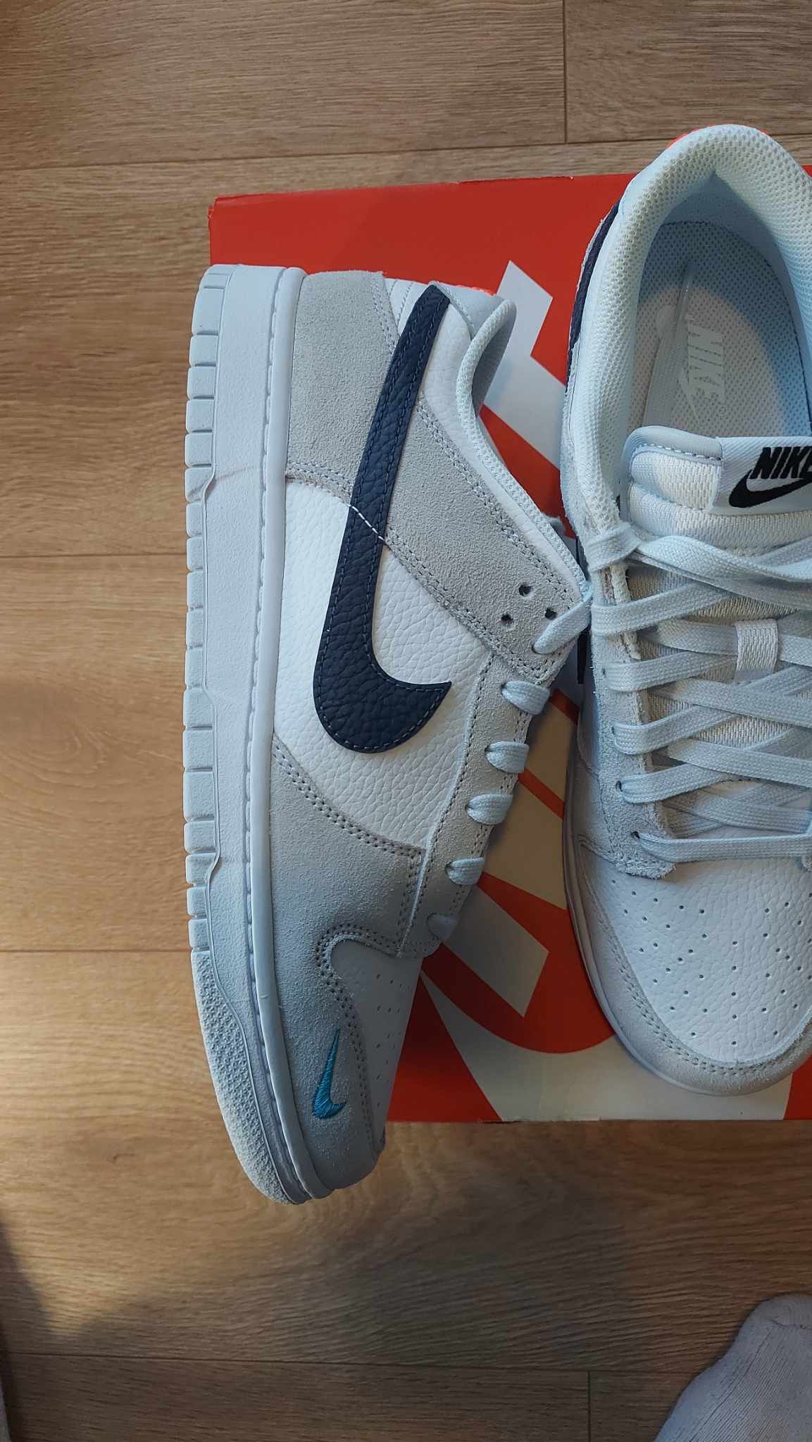 image of Nike Dunk Low White Grey Navy Aqua Mini Swoosh Shoes in White/Grey/Navy, Men's (Size 11)