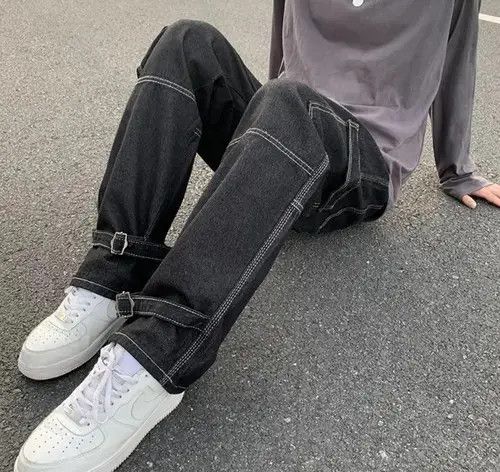Japanese Brand Black Color Straight Baggy Denim Pants Size US 31 - 4 Thumbnail