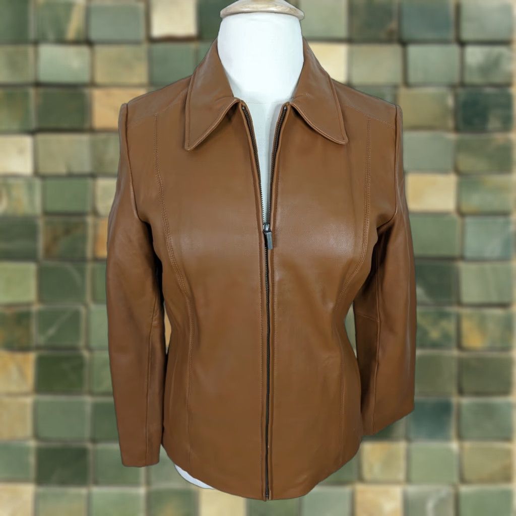 Vintage VINTAGE Y2K 00s Tan Brown Leather Jacket Moto Biker Coat Sz Large Women's Size L / US 10 / IT 46 - 1 Thumbnail