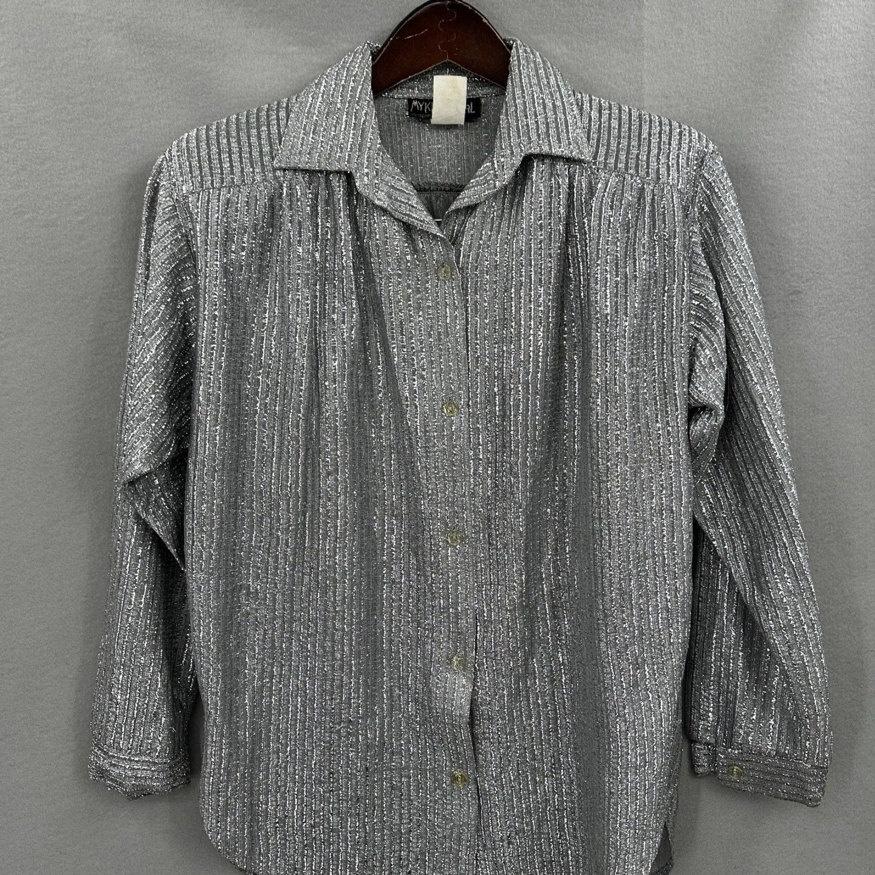 Vintage VTG My Kinda Gal Blouse Women XS Metallic Phoenix Arizona USA Cottagecore Button Shirt Women XS Silver 1970s Disco Size XS / US 0-2 / IT 36-38 - 3 Thumbnail