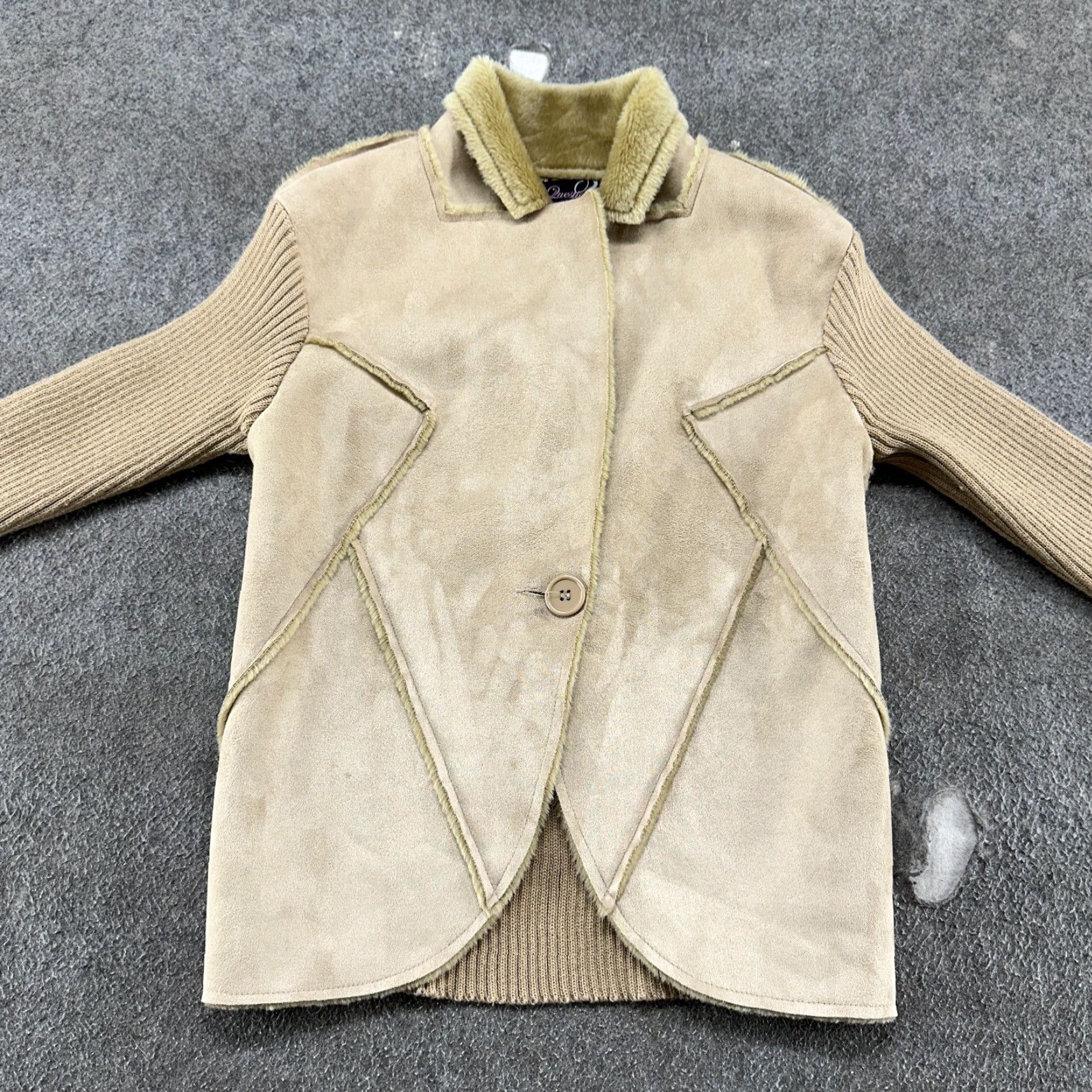 Vintage VINTAGE Questions Jacket Womens M Brown Faux Suede Fur Polyester Ribbed Knit 90s Bomber Hooded Button Long Sleeve Z2K Size M / US 6-8 / IT 42-44 - 4 Thumbnail