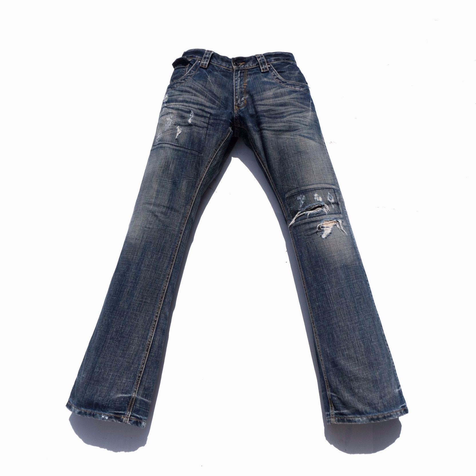 image of 14Th Addiction x Tete Homme Distressed Flare Jeans in Washed Blue, Men's (Size 30)