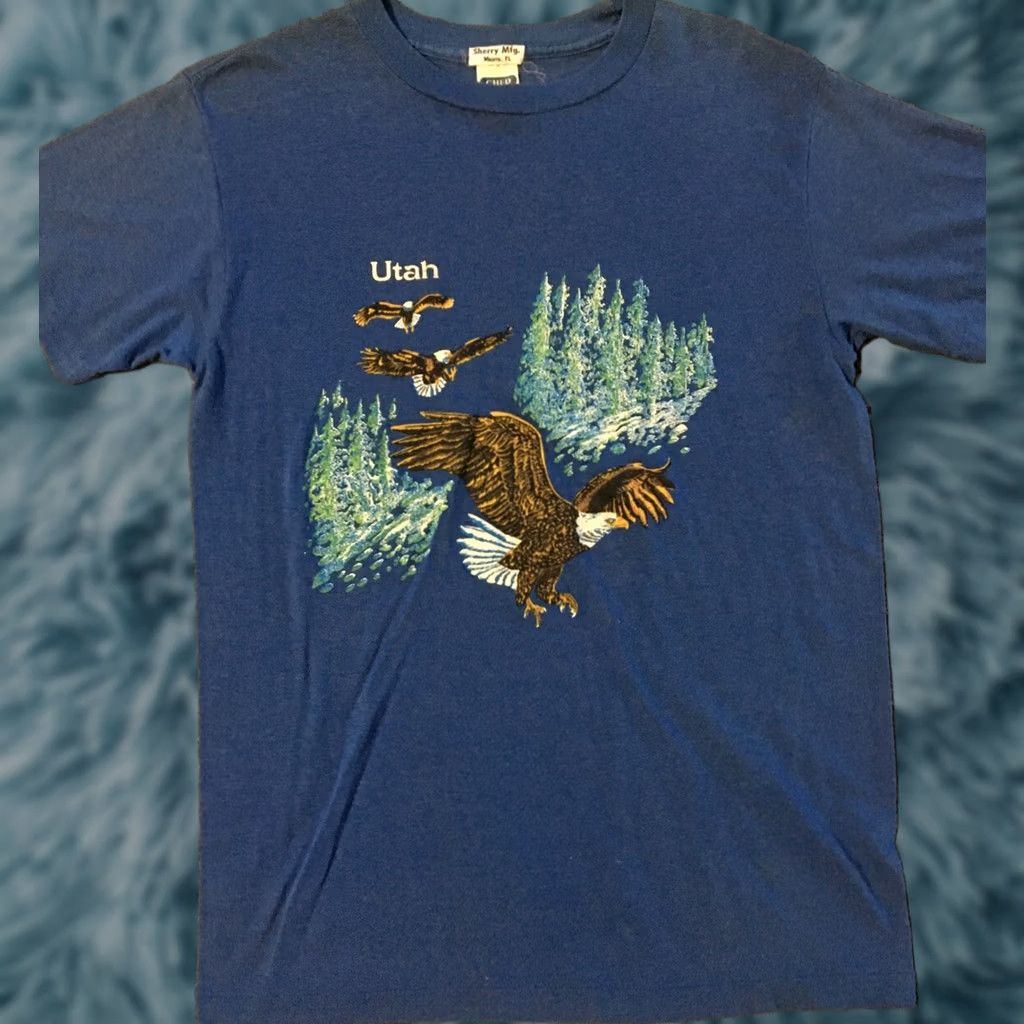 Anvil VINTAGE Utah Bald Eagle Shirt M USA Nature Art Grunge 80s 90s Blue M Mens Anvil Short Sleeve Single Stitch Size US M / EU 48-50 / 2 - 1 Thumbnail