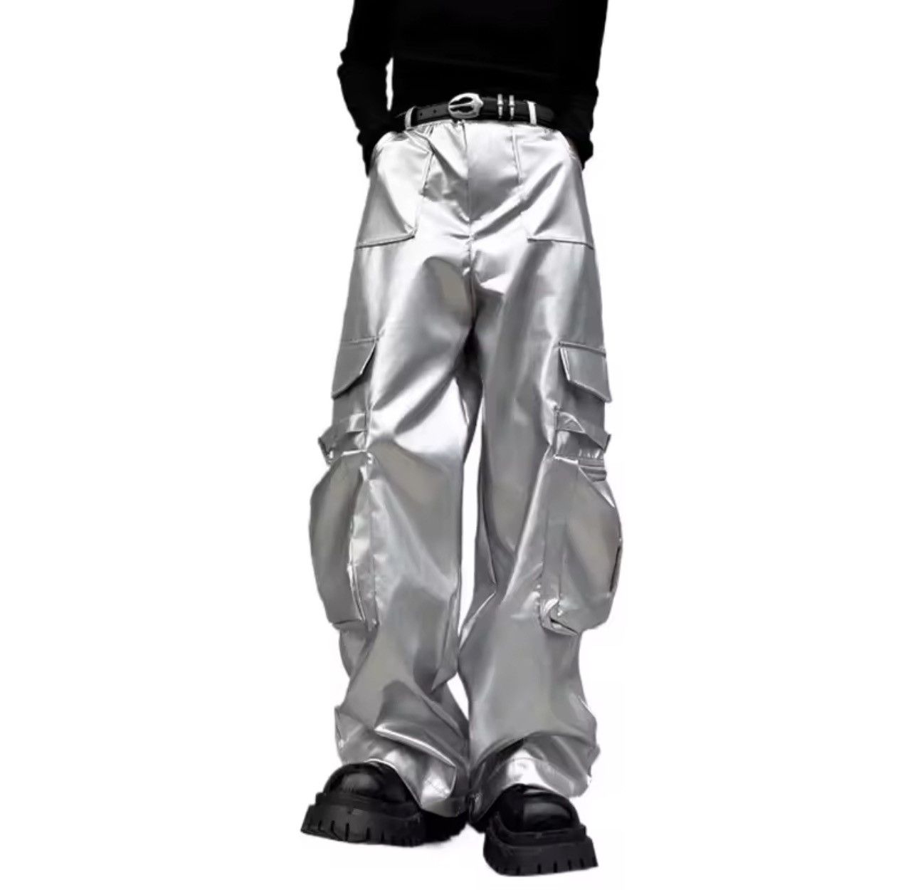 Other Streetwear Silver Loose Leather Hip Hop Pockets Pants Size US 33 - 2 Thumbnail