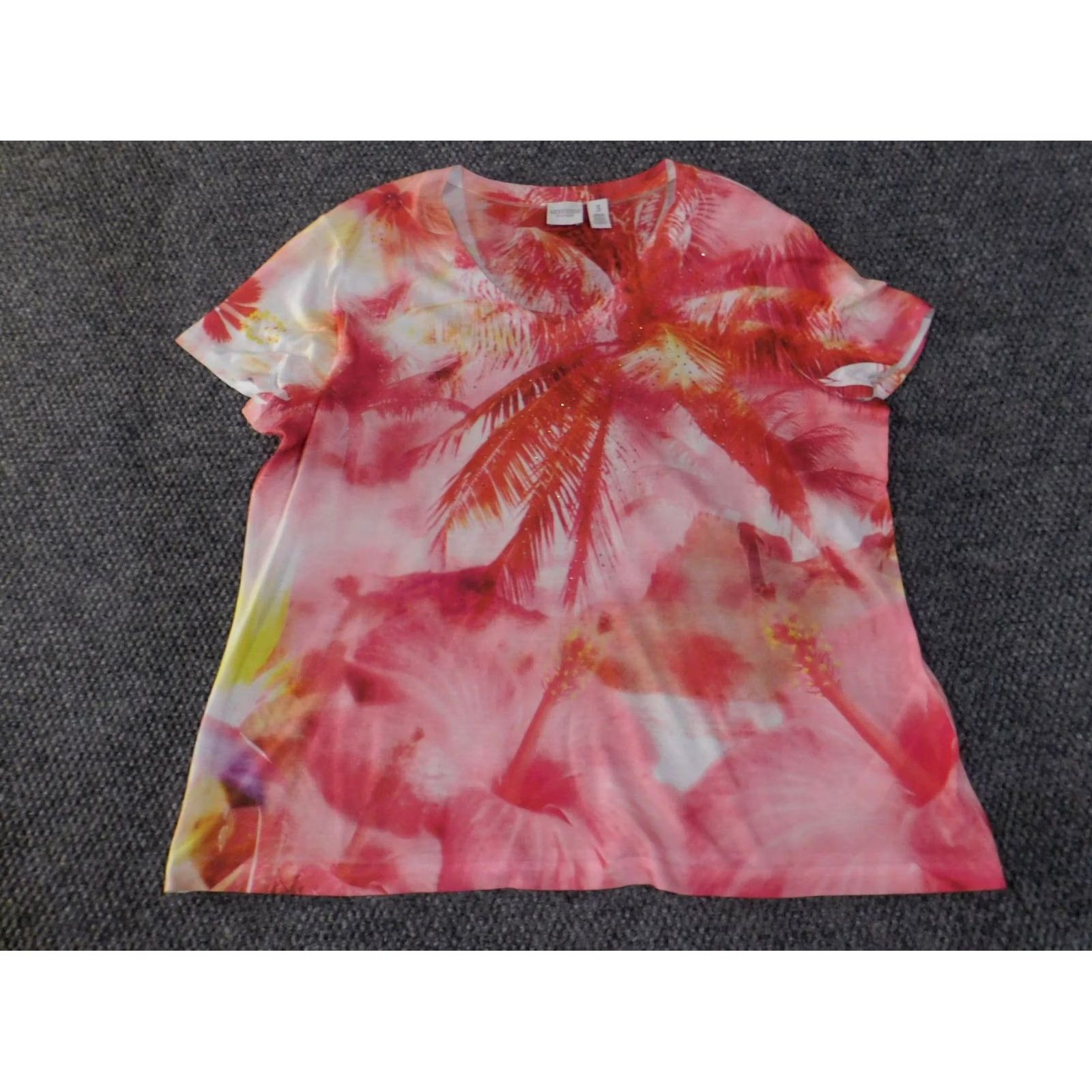 Vintage Chico's Blouse Shirt Womens 3 Pink Palm Tree V-Neck Casual Short Sleeve Polyester Knit Tropical Floral Weekend Size XS / US 0-2 / IT 36-38 - 3 Thumbnail