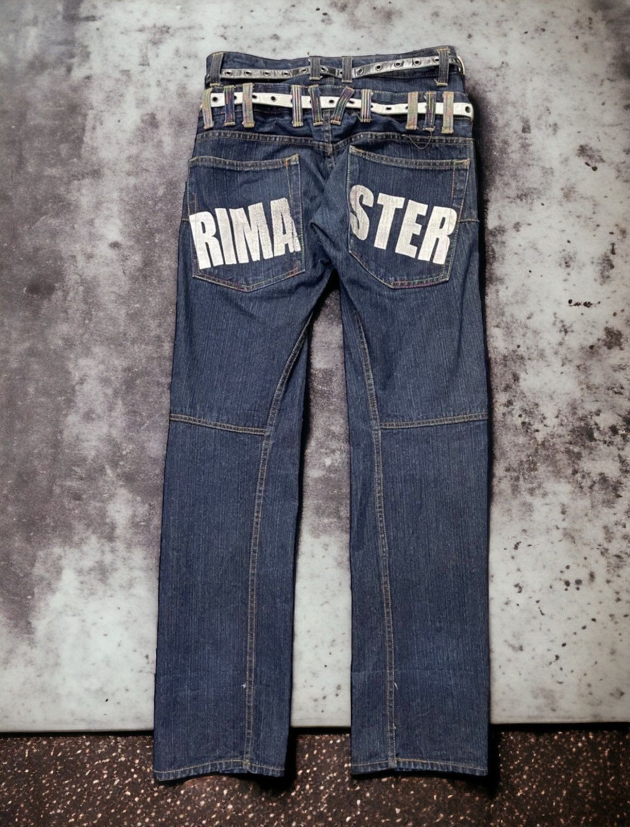 image of Vintage Y2K Rimaster Japan Double Waist Jeans With Twins Waist Belt in Blue, Men's (Size 32)