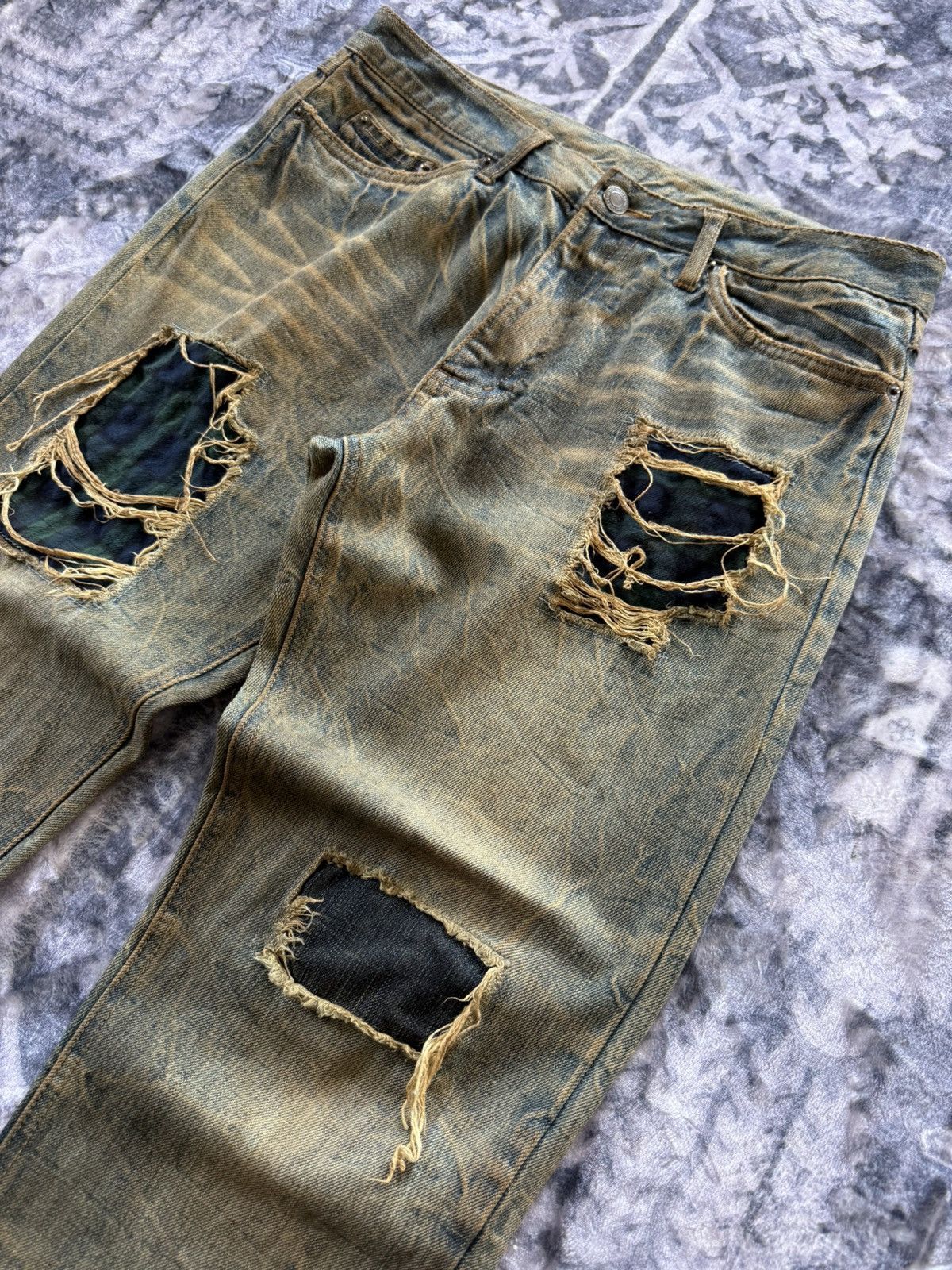 Le Grande Bleu (L.G.B.) 2000s Distressed Mud Wash Check plaid Patched Japanase Jeans Size US 29 - 3 Thumbnail