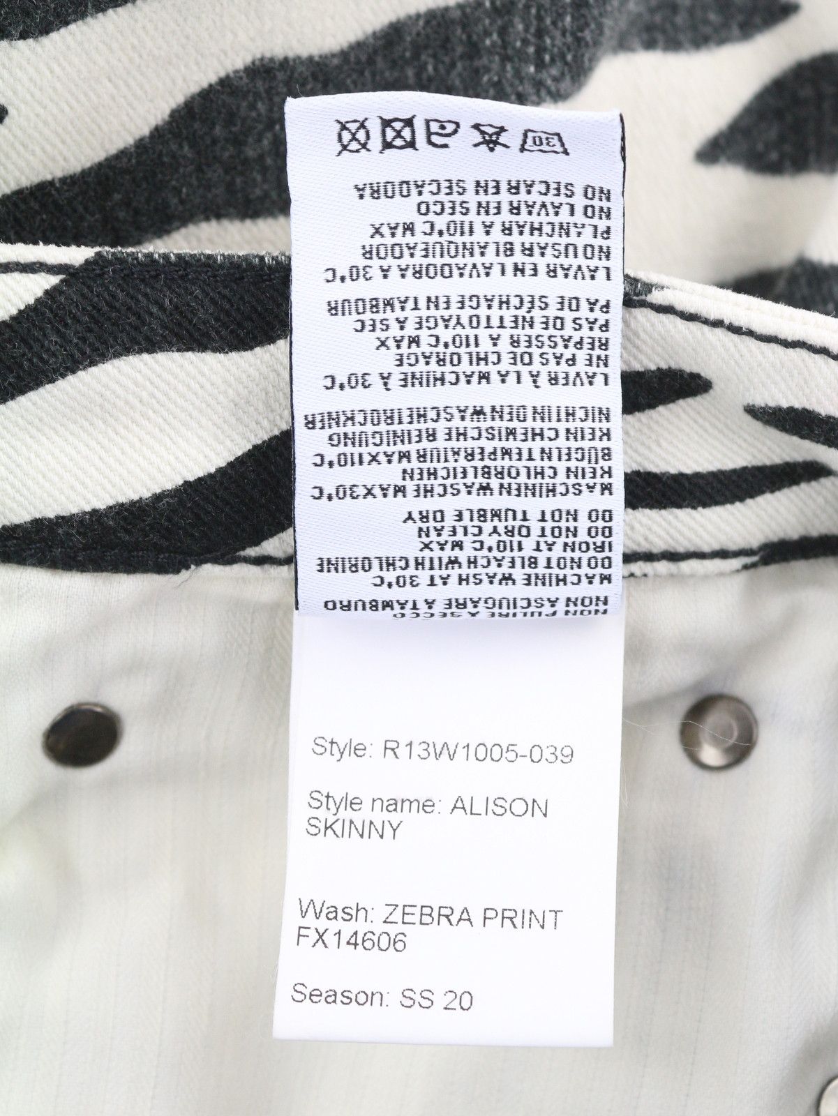 R13 ALISON SKINNY 27 Zebra Print Denim Zip Jeans 85833 Size 27" / US 4 / IT 40 - 9 Thumbnail