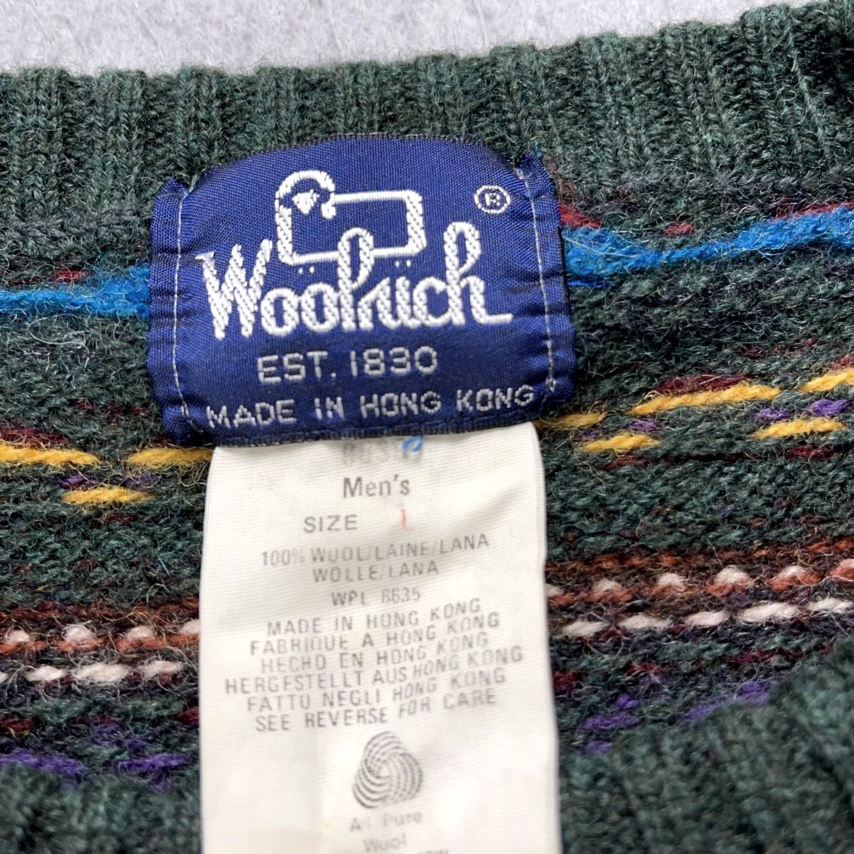 Vintage VINTAGE Woolrich Mens Large Green Striped Fair Isle Wool Sweater 80s Size US L / EU 52-54 / 3 - 4 Thumbnail