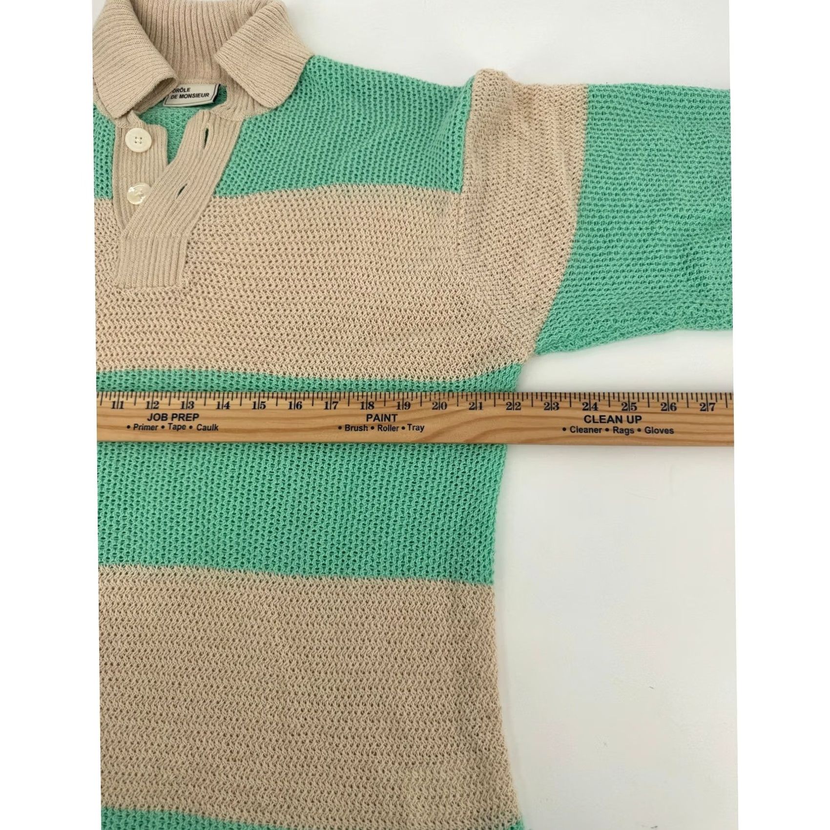 Drole De Monsieur Polo Shirt Men S Mint Beige Striped Knit Mesh Short Sleeve Resort, Men's — image 5 of 6
