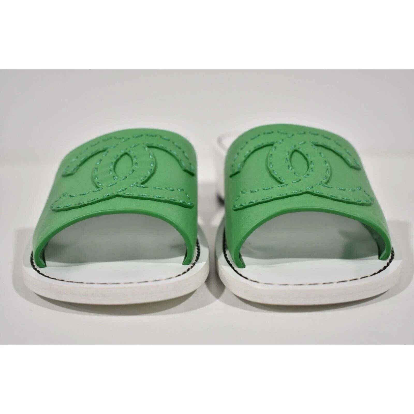 Chanel Chanel 22S Green Calfskin Leather White CC Logo Mules Size US 7 / IT 37 - 6 Thumbnail