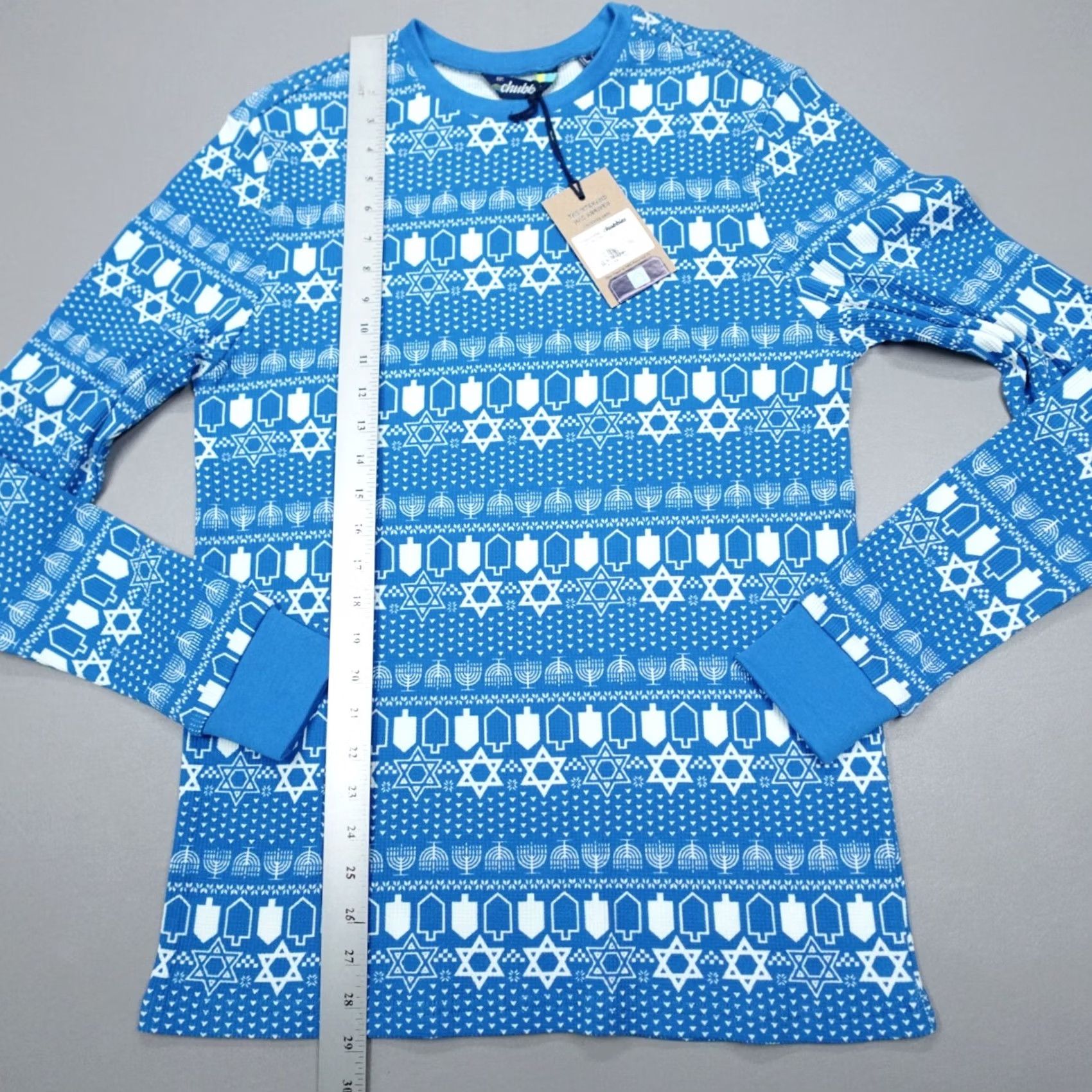 Chubbies Chubbies Pajama Top Shirt Mens L Blue Long Sleeve Crew Neck Waffle Funukkah Hanukkah Slim Fit Holiday Winter Geometric Pattern Size US L / EU 52-54 / 3 - 6 Thumbnail