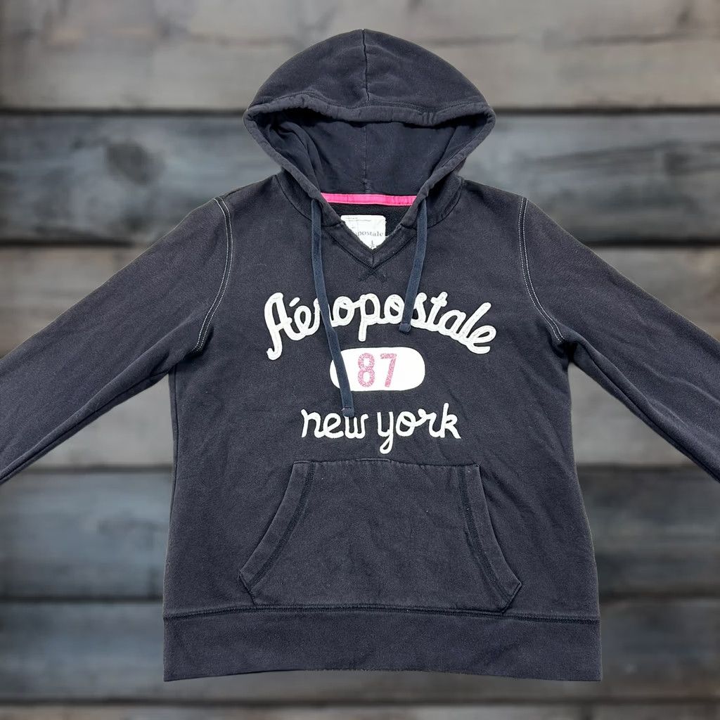 Vintage VINTAGE Aeropostale Hoodie Juniors L Black Pullover Drawstring New York Y2K 80s 90s Hooded Womens Size L / US 10 / IT 46 - 1 Thumbnail