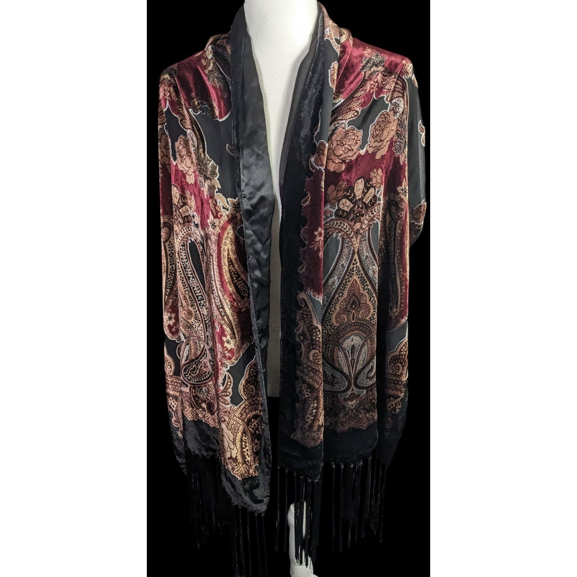 Other Vintage Burnt Velvet Paisley Wrap With Fringe - 73"x21" 9" T Size ONE SIZE - 2 Thumbnail