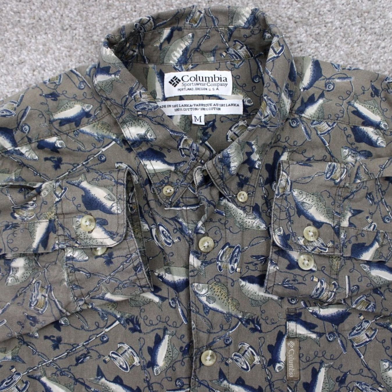 Vintage Columbia Mens Medium Gray/Blue Fish All Over Print Cotton Long Sleeve Shirt Size US M / EU 48-50 / 2 - 2 Thumbnail