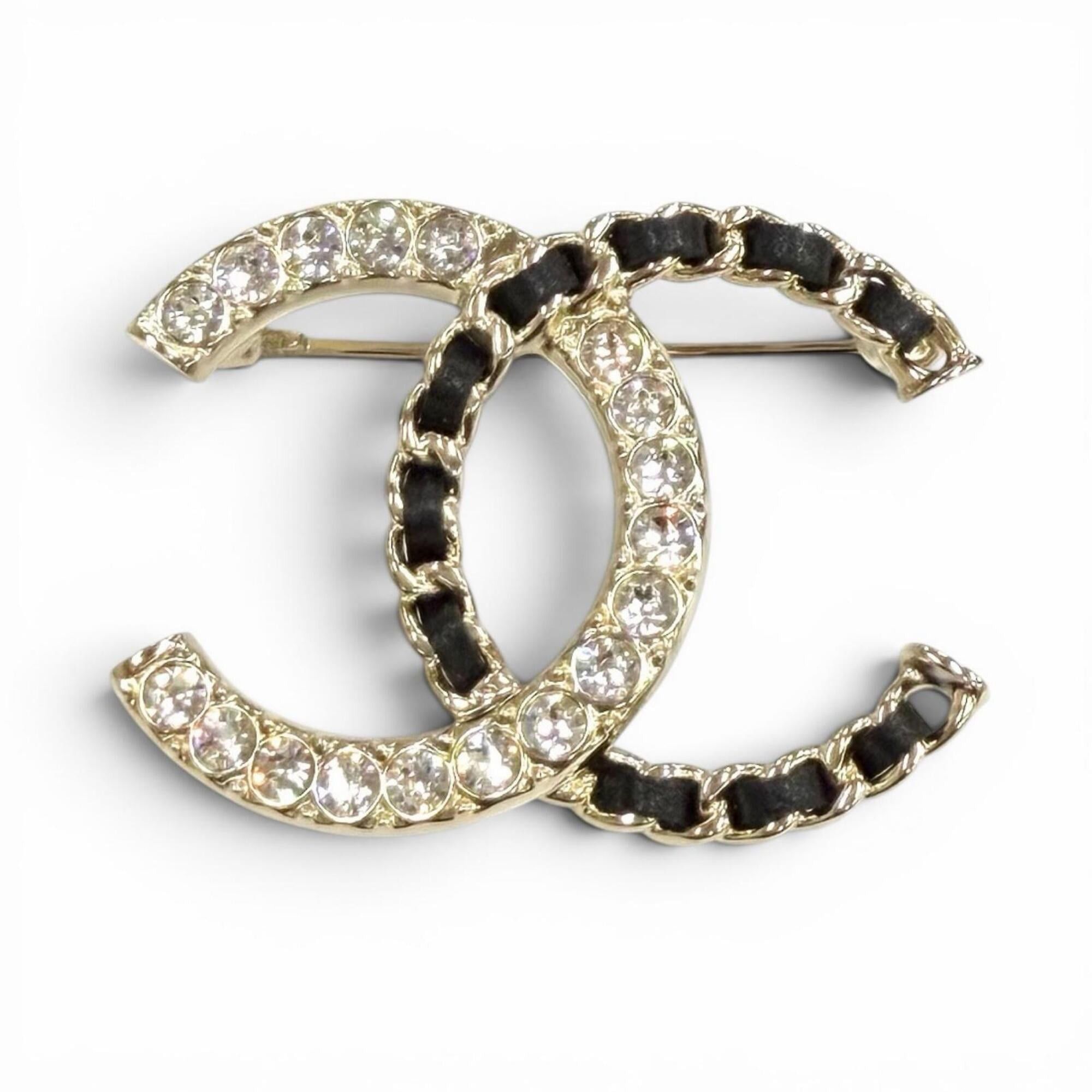 Chanel CHANEL A25B Coco Mark Rhinestone Leather Chain Brooch, Gold and Black, Made in France, Women's, with Box Dust Bag. Size ONE SIZE - 1 Thumbnail