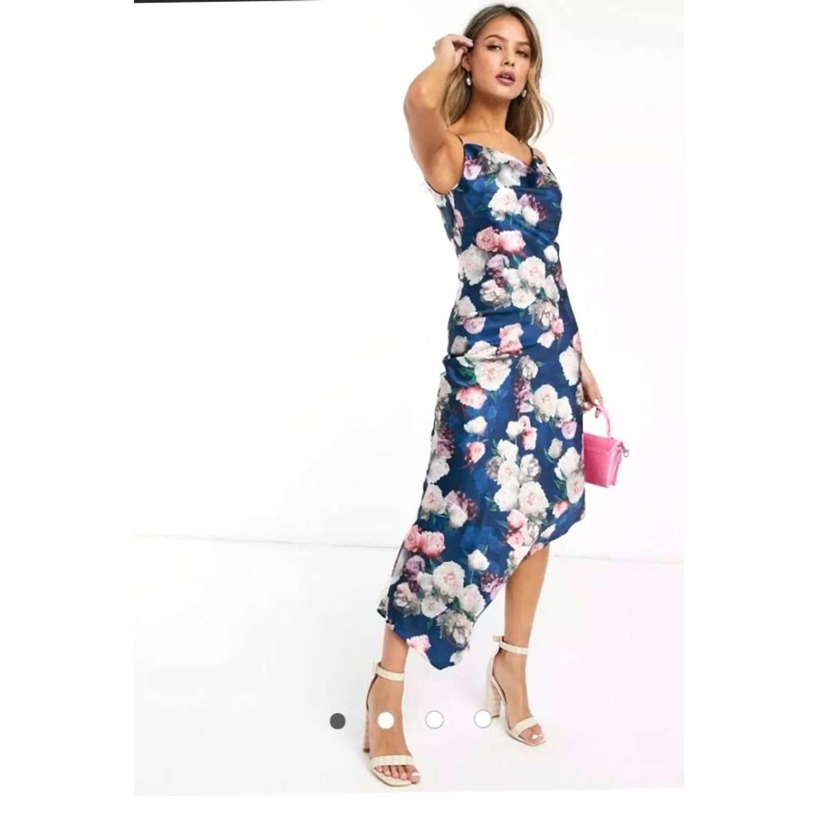 Vintage Chi Chi London Women's Midi Cami Floral Rose Print Dress Sz UK 10 US 6 Blue Sleeveless A-Line Casual Size M / US 6-8 / IT 42-44 - 2 Thumbnail