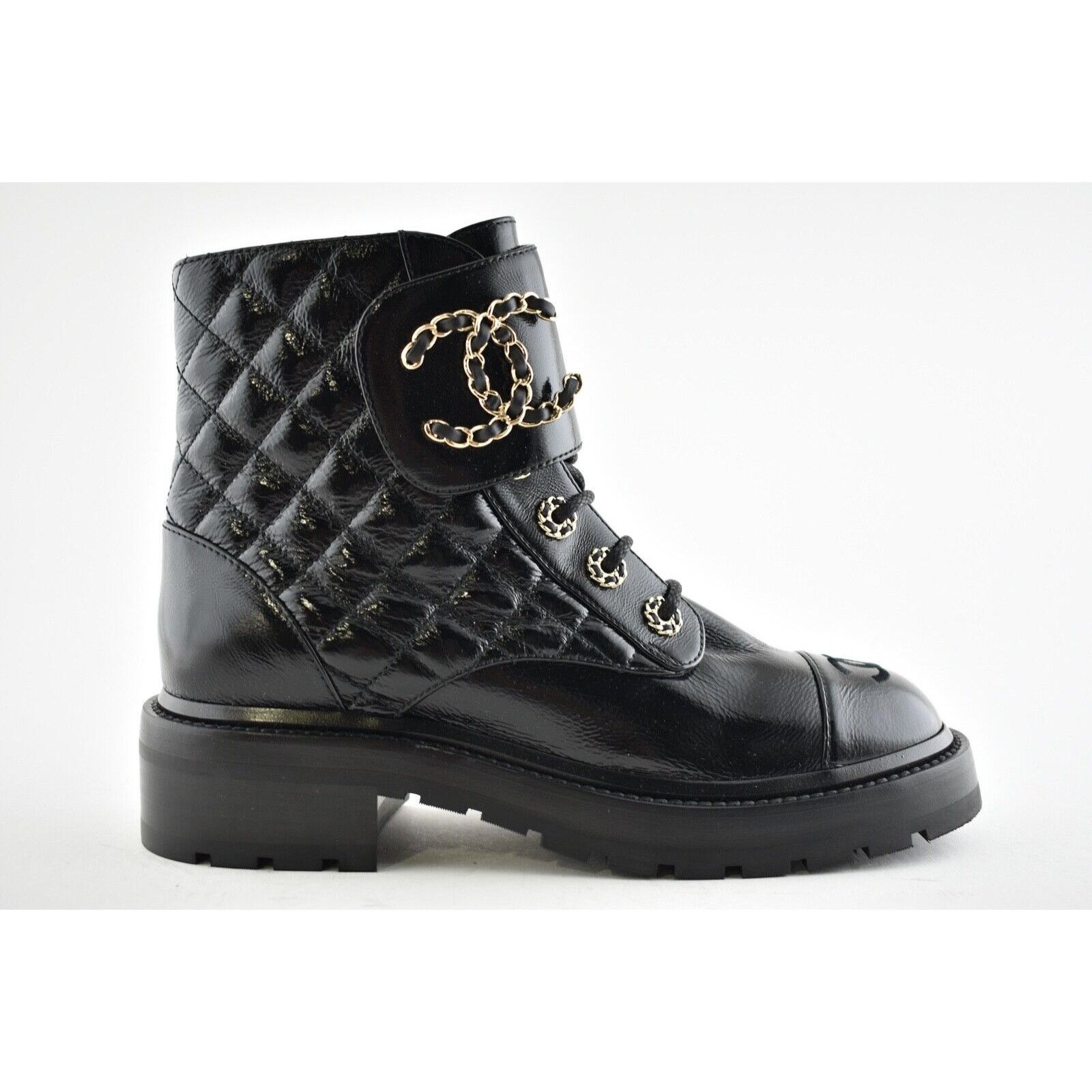 Chanel 21A Patent Quilted Gold CC Chain Combat Ankle Short Boot 40 Size US 10 / IT 40 - 1 Thumbnail