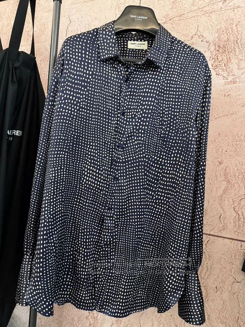 Saint Laurent Blue Polka Dot Silk Shirt.