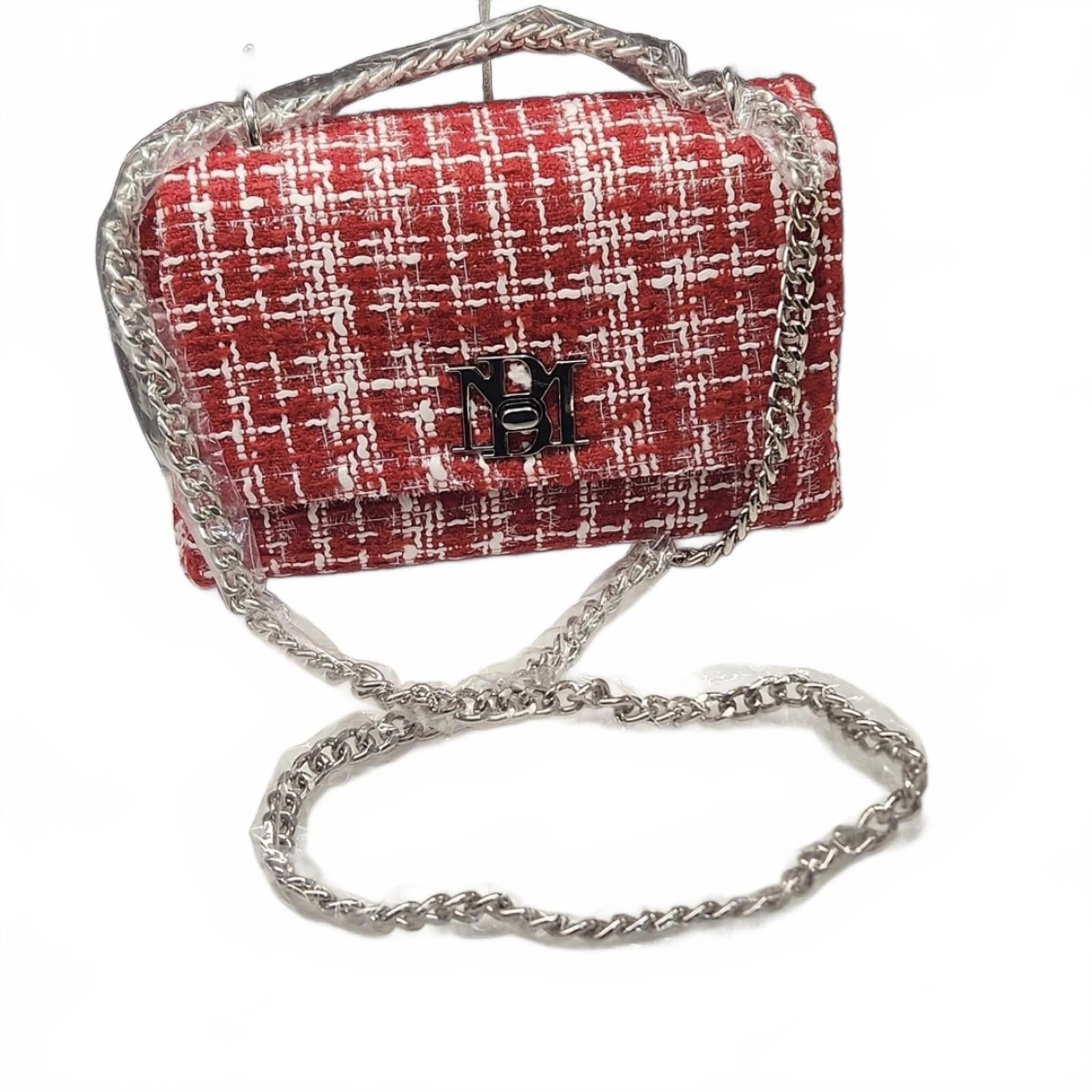 Designer Baffled Mischka Boucle Red Checkered Tweed Shoulder Bag New Size ONE SIZE - 5 Thumbnail