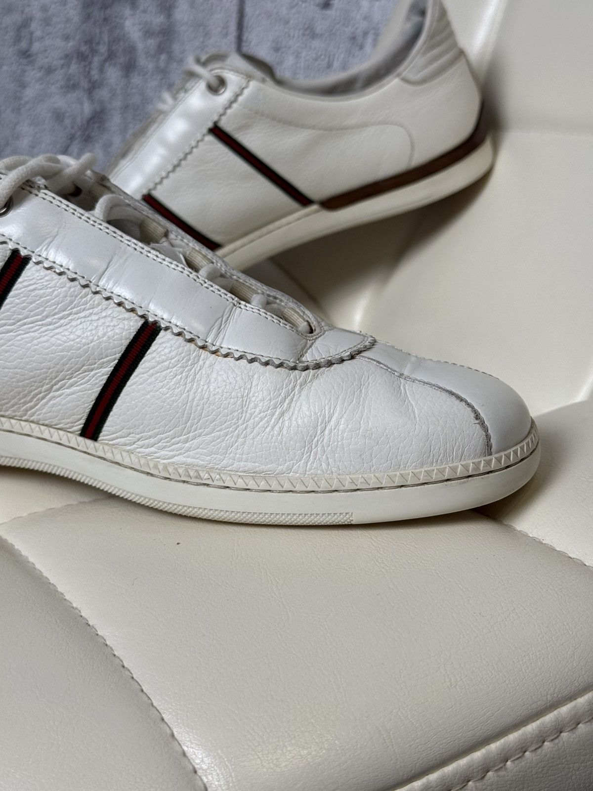 Gucci Gucci White Leather Low Top Sneakers Web Stripe & GG Logo Size US 9 / EU 42 - 7 Thumbnail