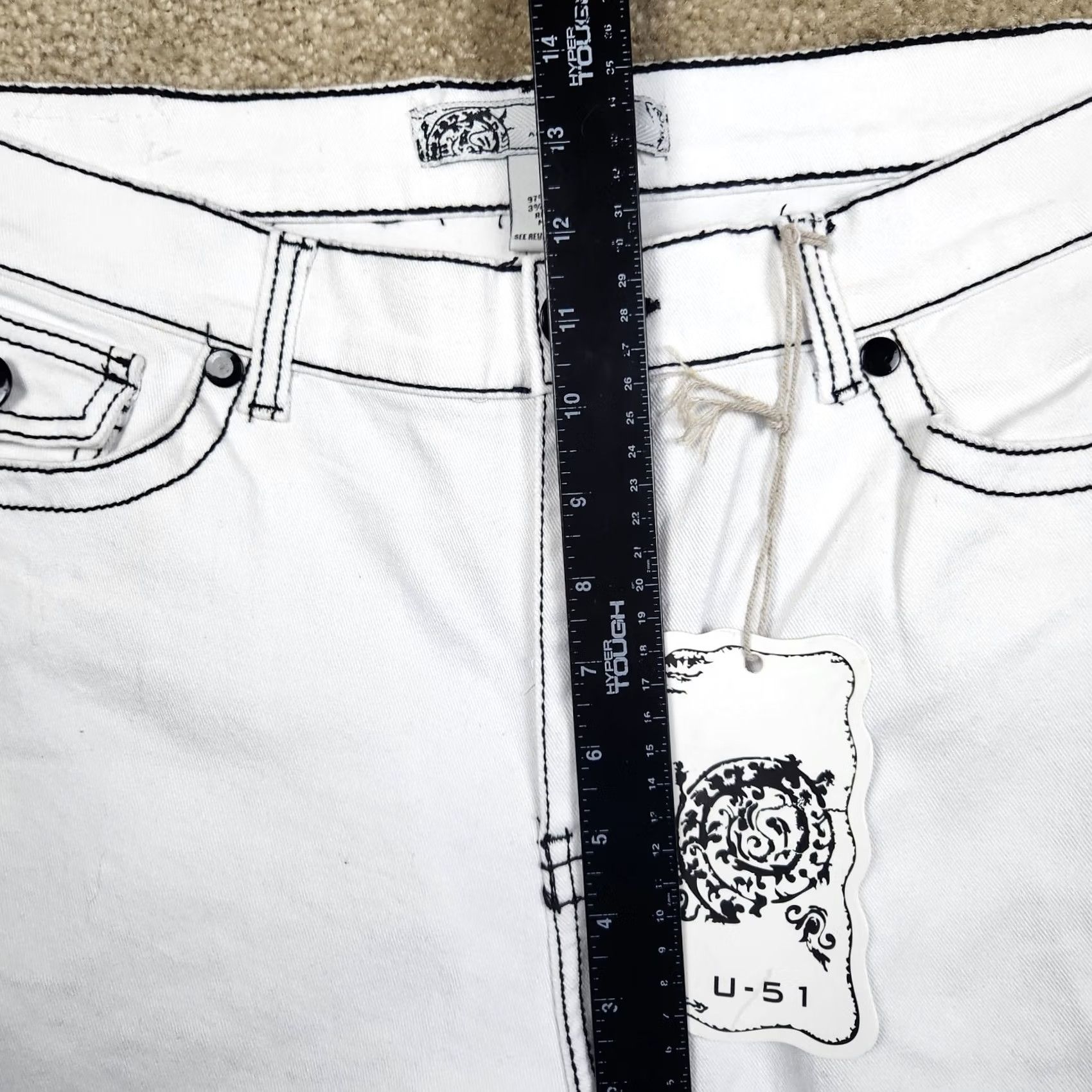 Denime U-51 Denim Jeans White Deluxe Size 16 Thick Stitch Black Belt Loops Zip Accents Button Logo Regular Fit Womens Size 38" / US 16 / IT 52 - 7 Thumbnail