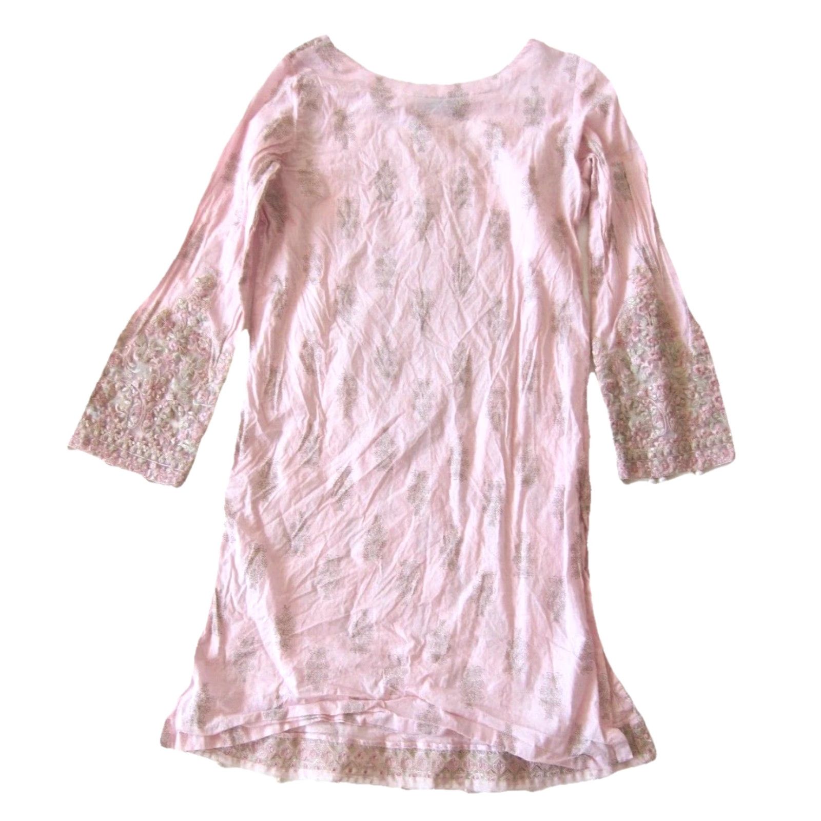 Vintage Maria B. Cotton Pink Green Embroidered Beaded Floral Long Sleeve Kurta Dress S Size S / US 4 / IT 40 - 2 Thumbnail