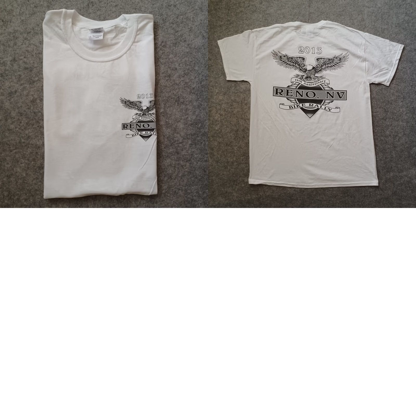 Gildan Reno NV Bike Rally Mens Shirt L White 19th Anniversary Double Side Graphic 2013 Size US L / EU 52-54 / 3 - 9 Thumbnail