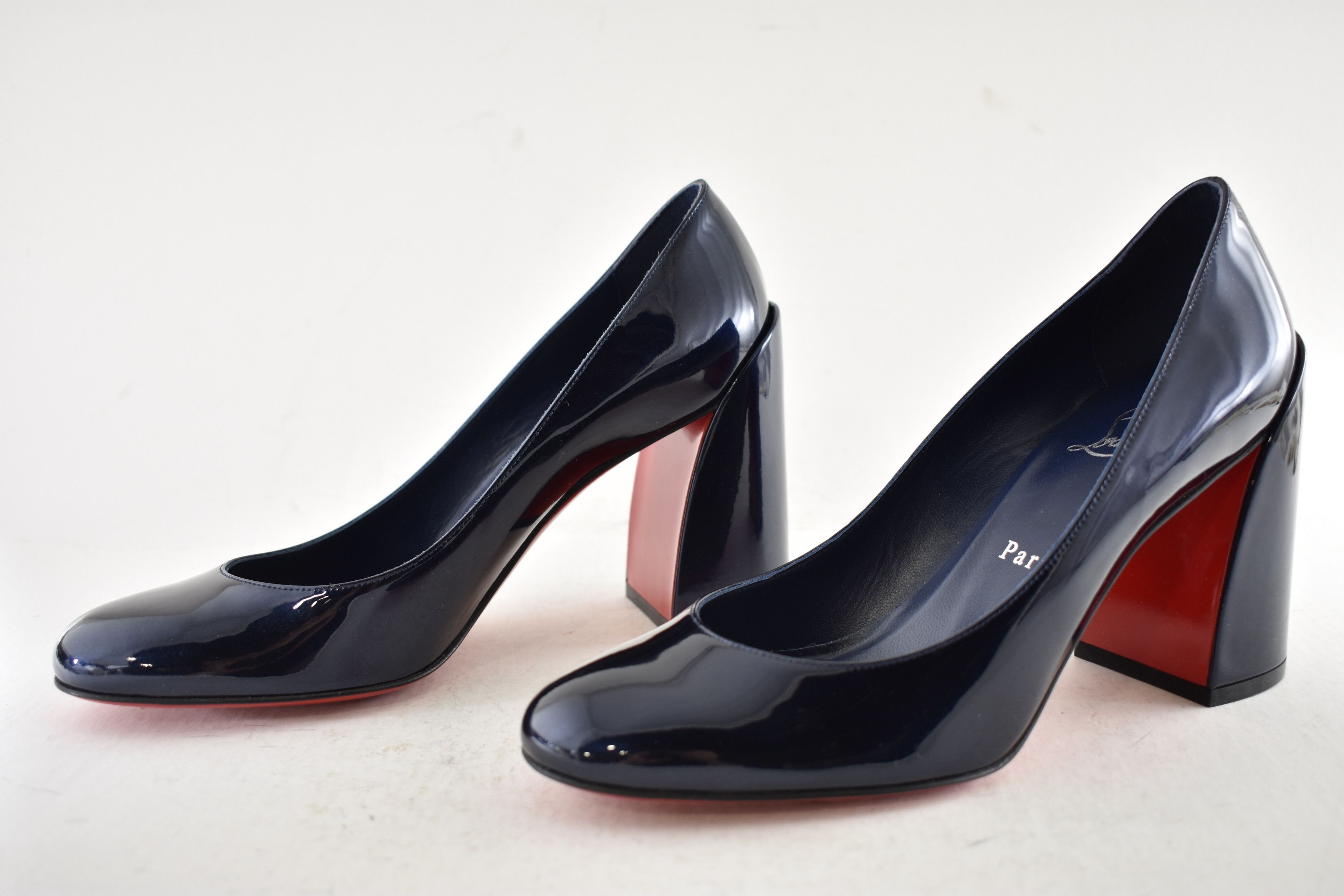 Christian Louboutin Miss Sab 85 Zaffiro Navy Blue Patent Block Heel Pump 37 Size US 7 / IT 37 - 14 Thumbnail
