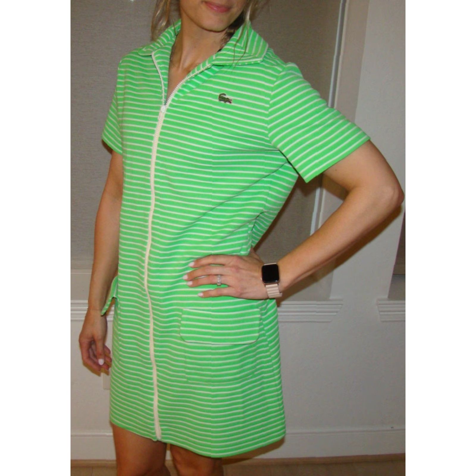 Lacoste VINTAGE Lacoste Womens Shirt Dress 16 Green Striped Knit Full Front Zip Dress Size XXL / US 16-18 / IT 52-54 - 2 Thumbnail