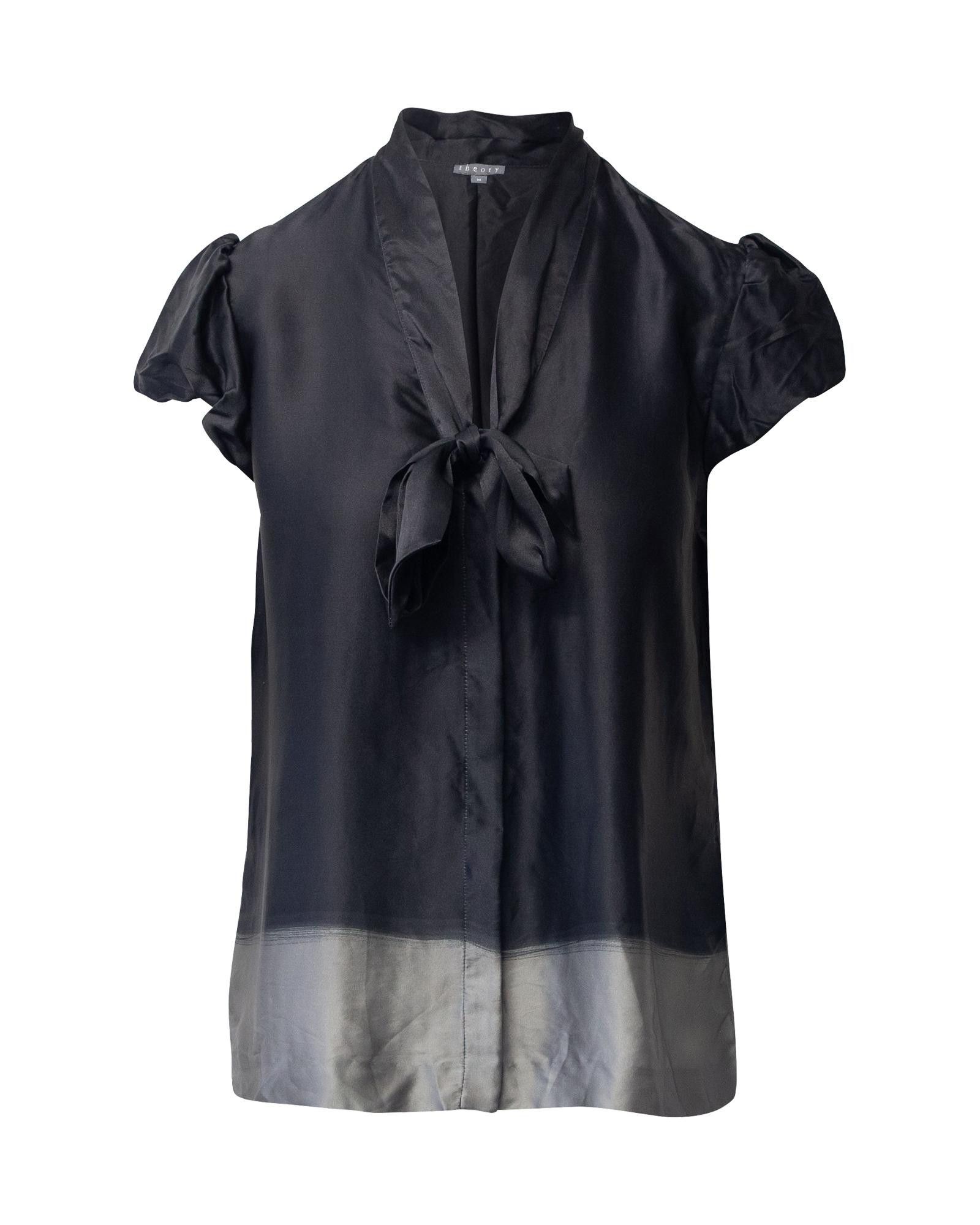 image of Grey Silk Tie Front Blouse With Puff Sleeves By Theory, Women's (Size Medium)