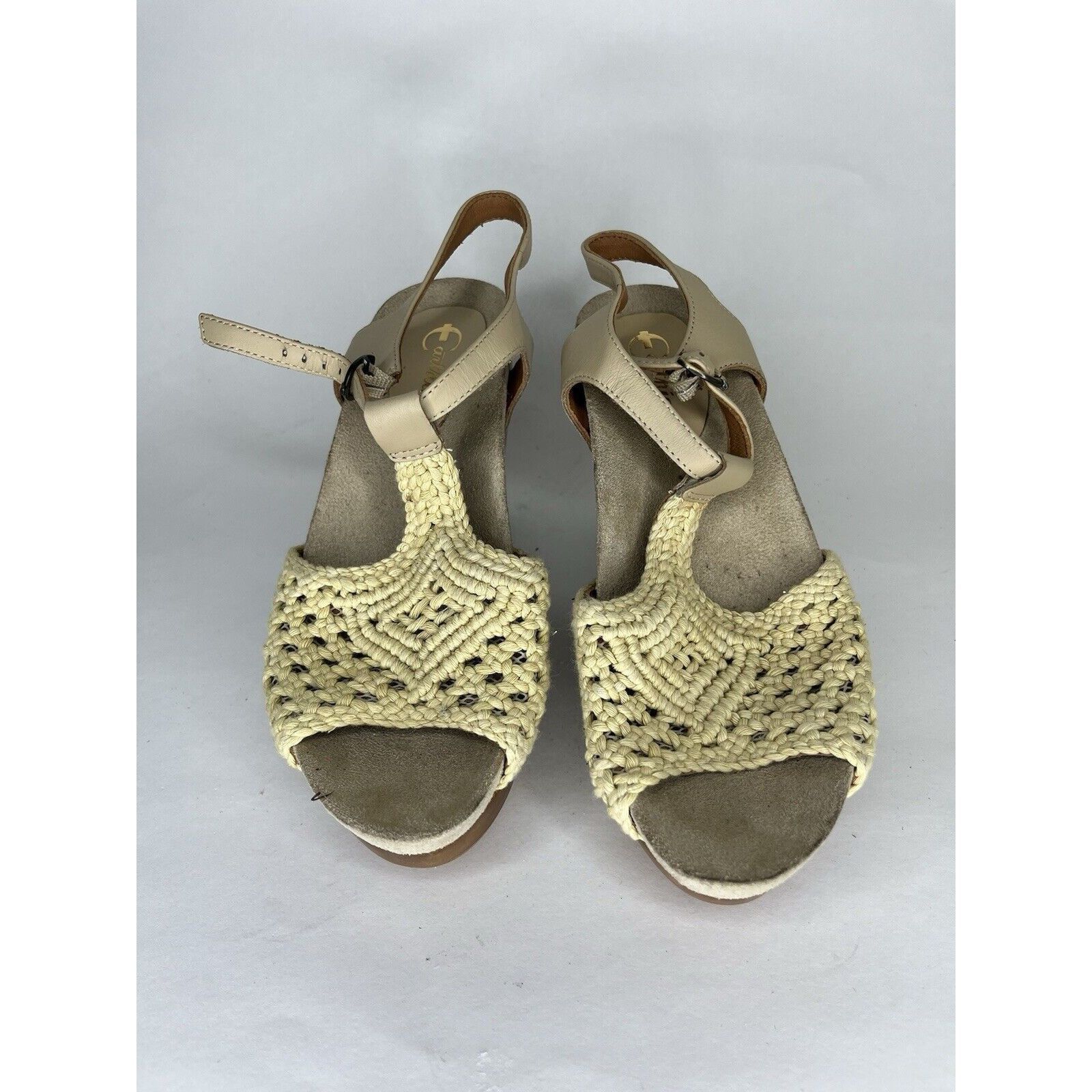 Other Earthies Beige Knit Leather Peep Ankle Strap Heel Sandals Wo Size US 8 / IT 38 - 2 Thumbnail