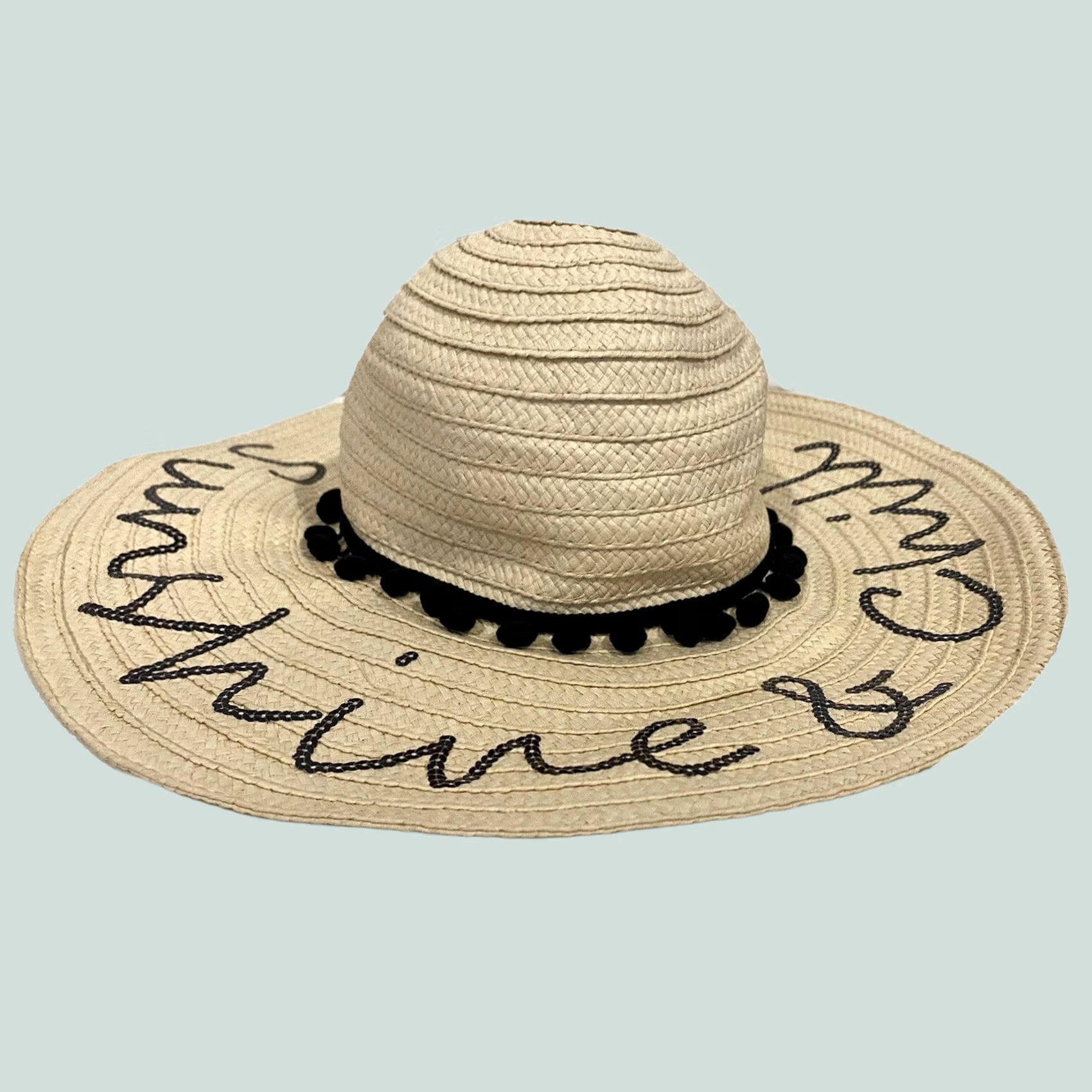Betsey Johnson Betsey Johnson Sun Hat Women Wide Brim Beige Black Pom Pom Straw Hat Beach Vacation Sun Hat 22” Interior Circumference Size ONE SIZE - 1 Thumbnail