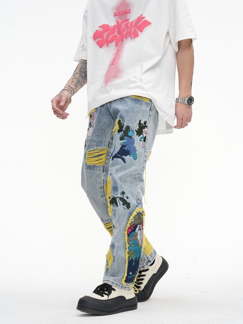 Japanese Brand × Jean Embroidered Patch Denim Ripped Jeans Size US 29 - 4 Thumbnail