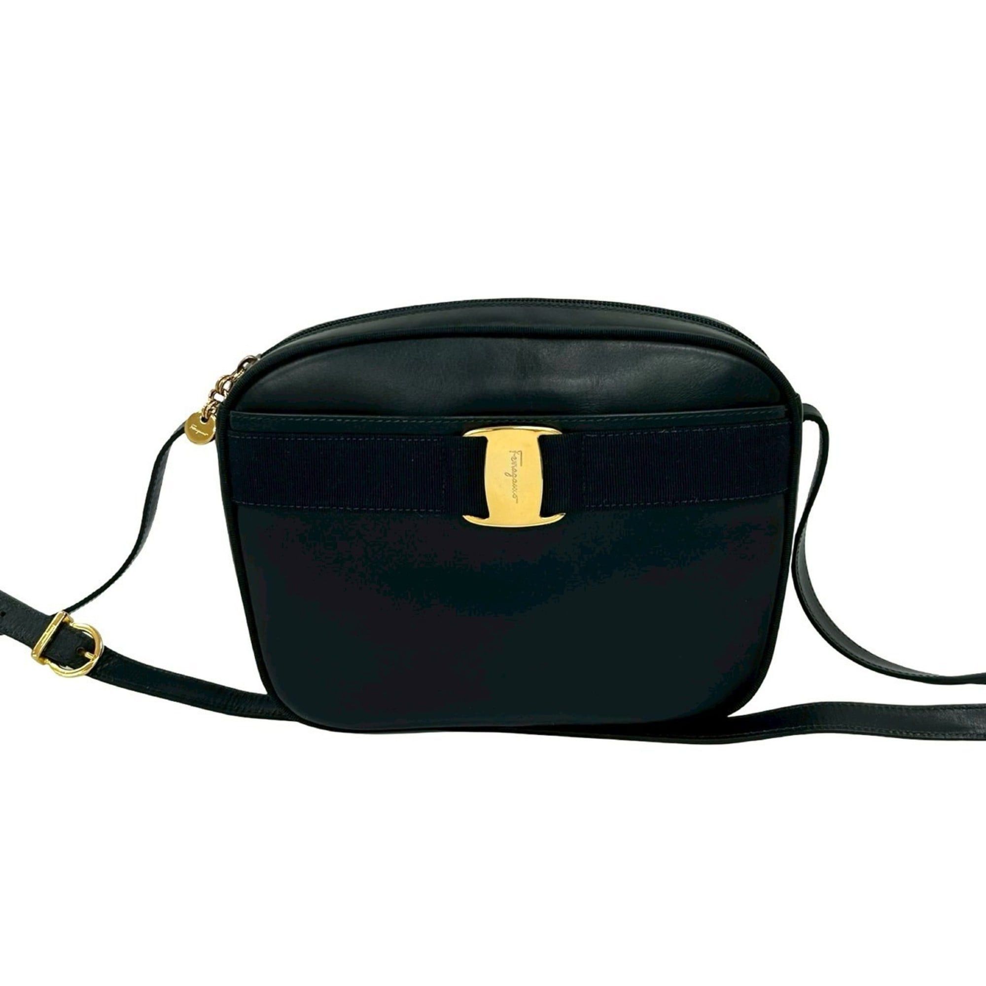 Salvatore Ferragamo Vara Ribbon Calf Leather Shoulder Bag/pochette, Navy, 86523 in Blue, Women's
