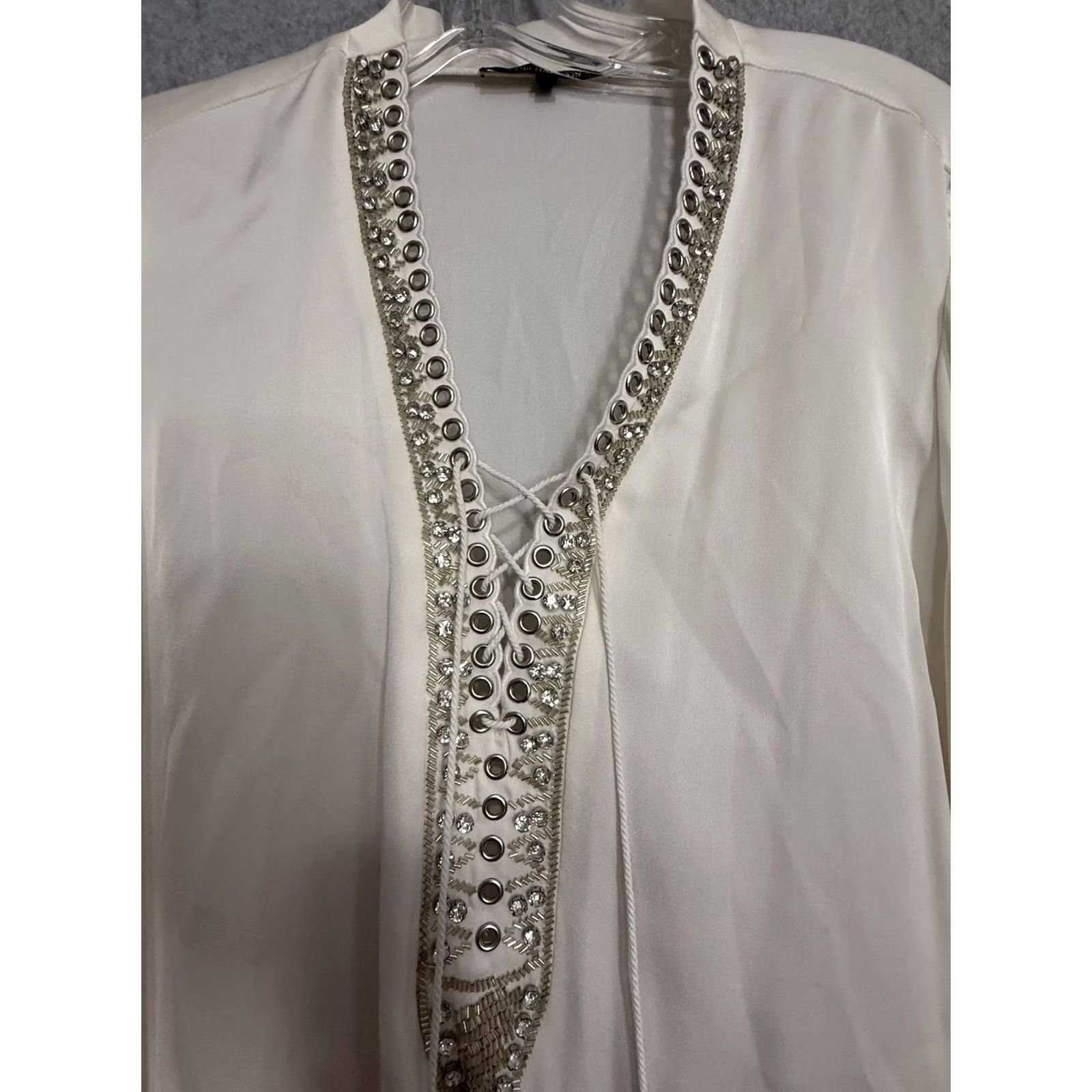 KOBI HALPERIN Kobi Halperin Blouse Womens Medium White Silk Fringe Rhinestone Boho Tunic Top Size M / US 6-8 / IT 42-44 - 2 Thumbnail