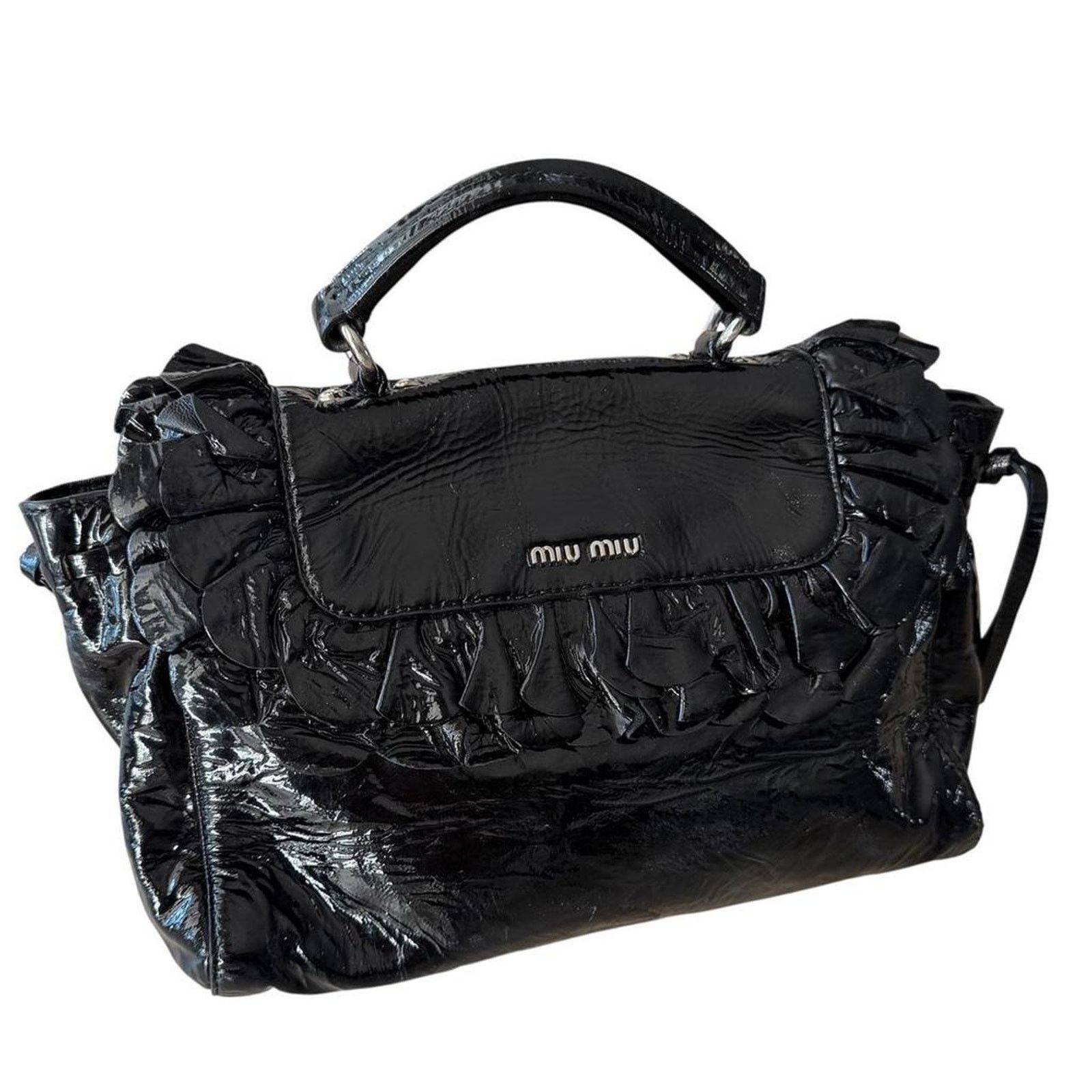 Miu Miu Miu Miu Patent Leather Ruffle Handbag Black Y2K Size ONE SIZE - 1 Thumbnail