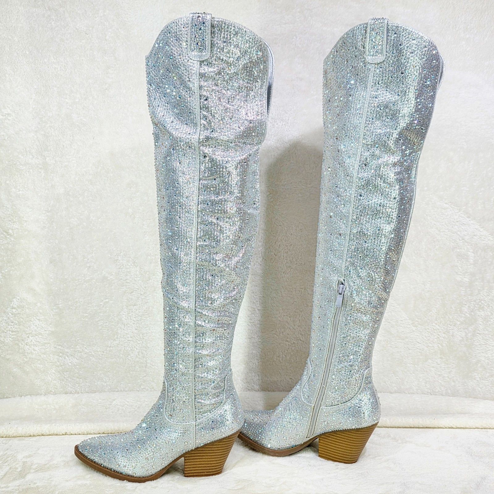 Country Glam Iridescent Silver Rhinestone OTK Thigh High Cow