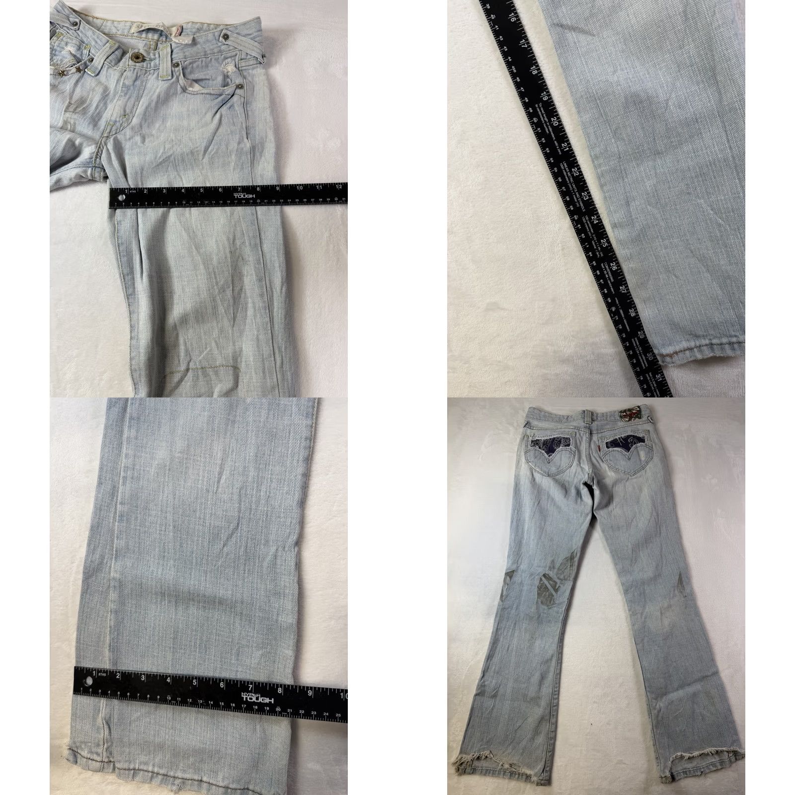 Levi's VINTAGE Levi's 518 Jeans Women's SuperLow Bootcut Size 5M Distressed Stained Y2K Blue denim 30in inseam Mens logo solid 5-Pocket Size 27" / US 4 / IT 40 - 8 Thumbnail