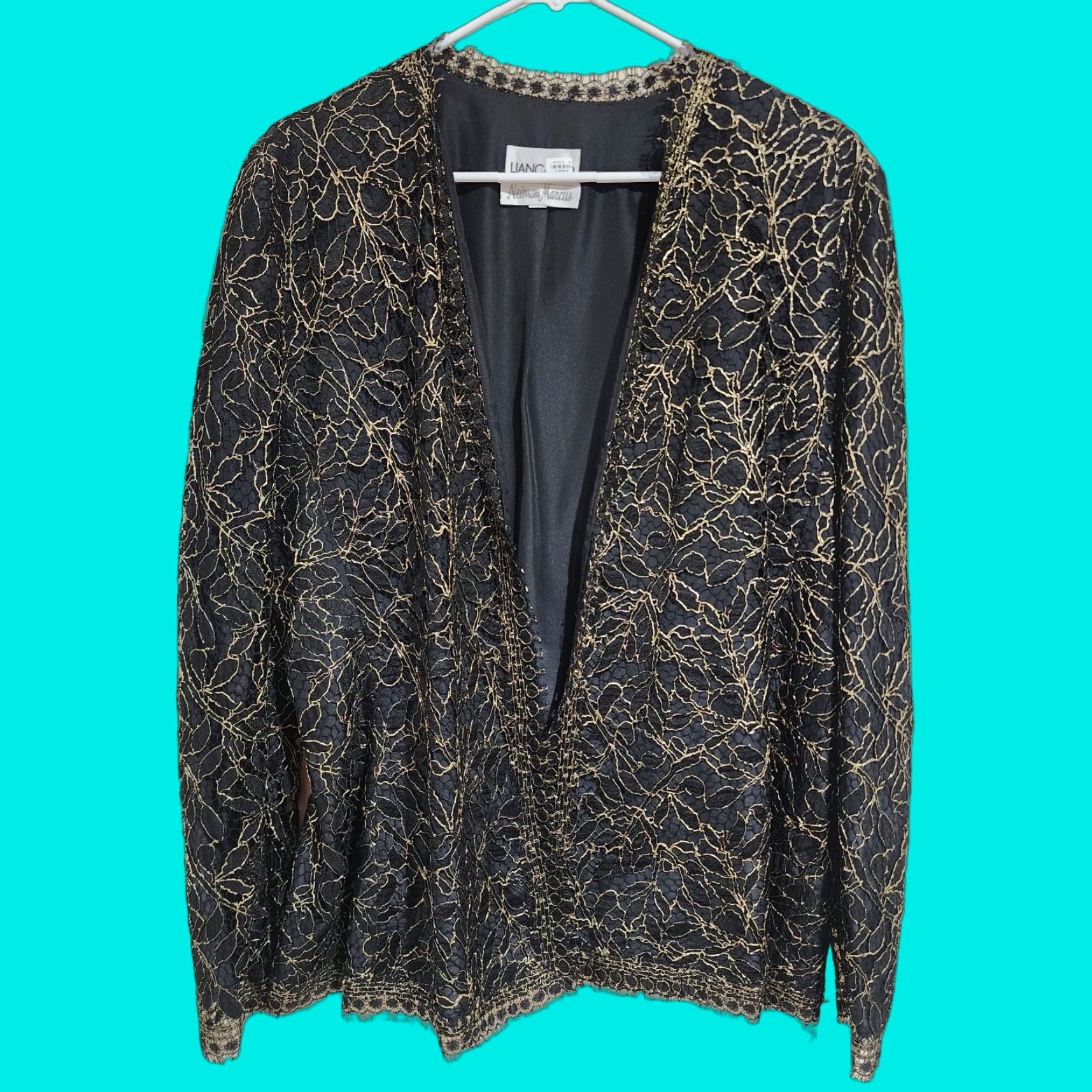 VINTAGE Neiman Marcus Jacket Bomber Black & Gold Emboss Fabric Short Button Up Lining Polyester Sequin Aztec Butterfly Collarless Womens Size M