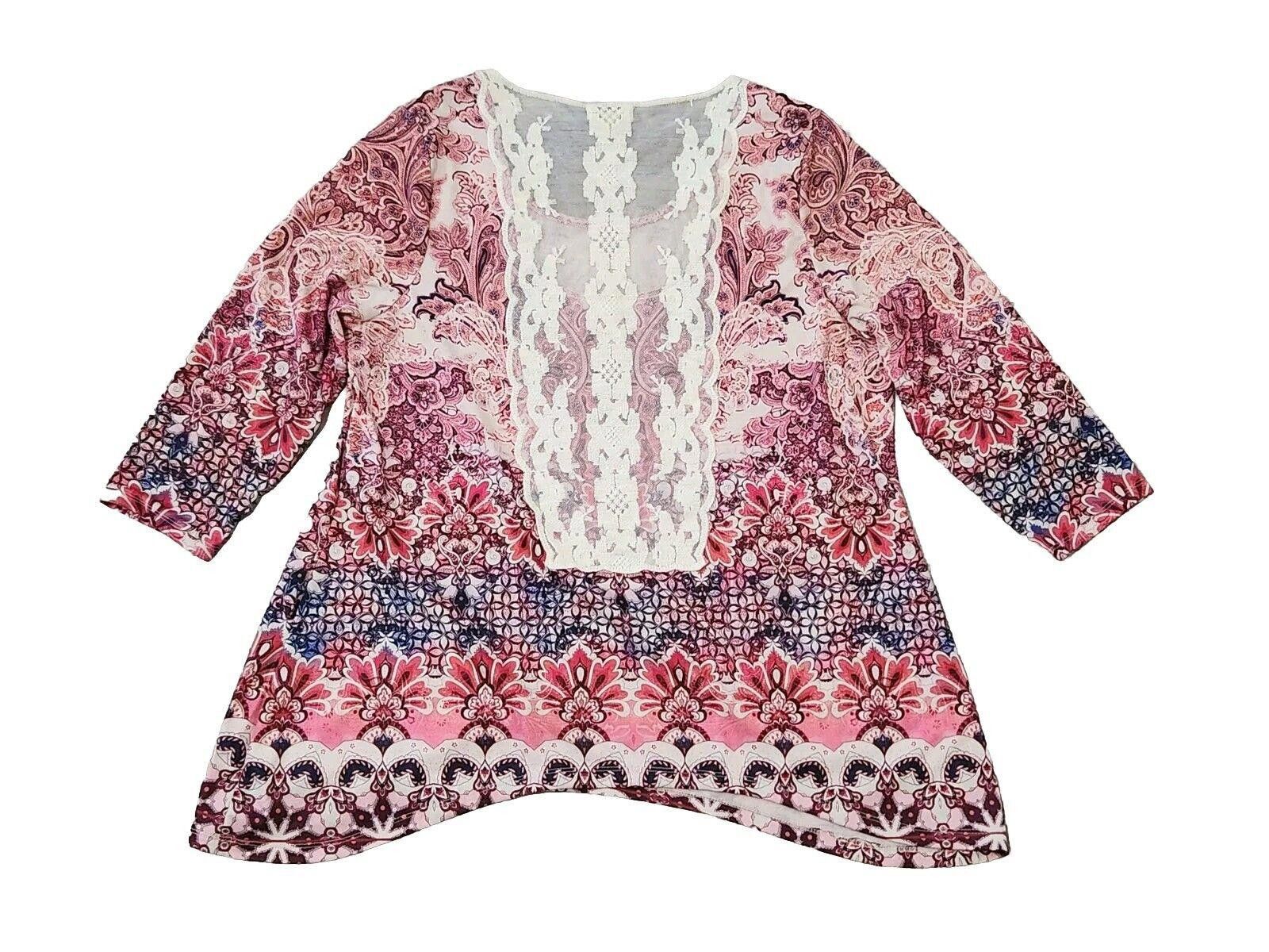 Designer One World Top Extra Large Boho Hippie Lace 3/4 Sleeves Pink Size XL / US 12-14 / IT 48-50 - 2 Thumbnail