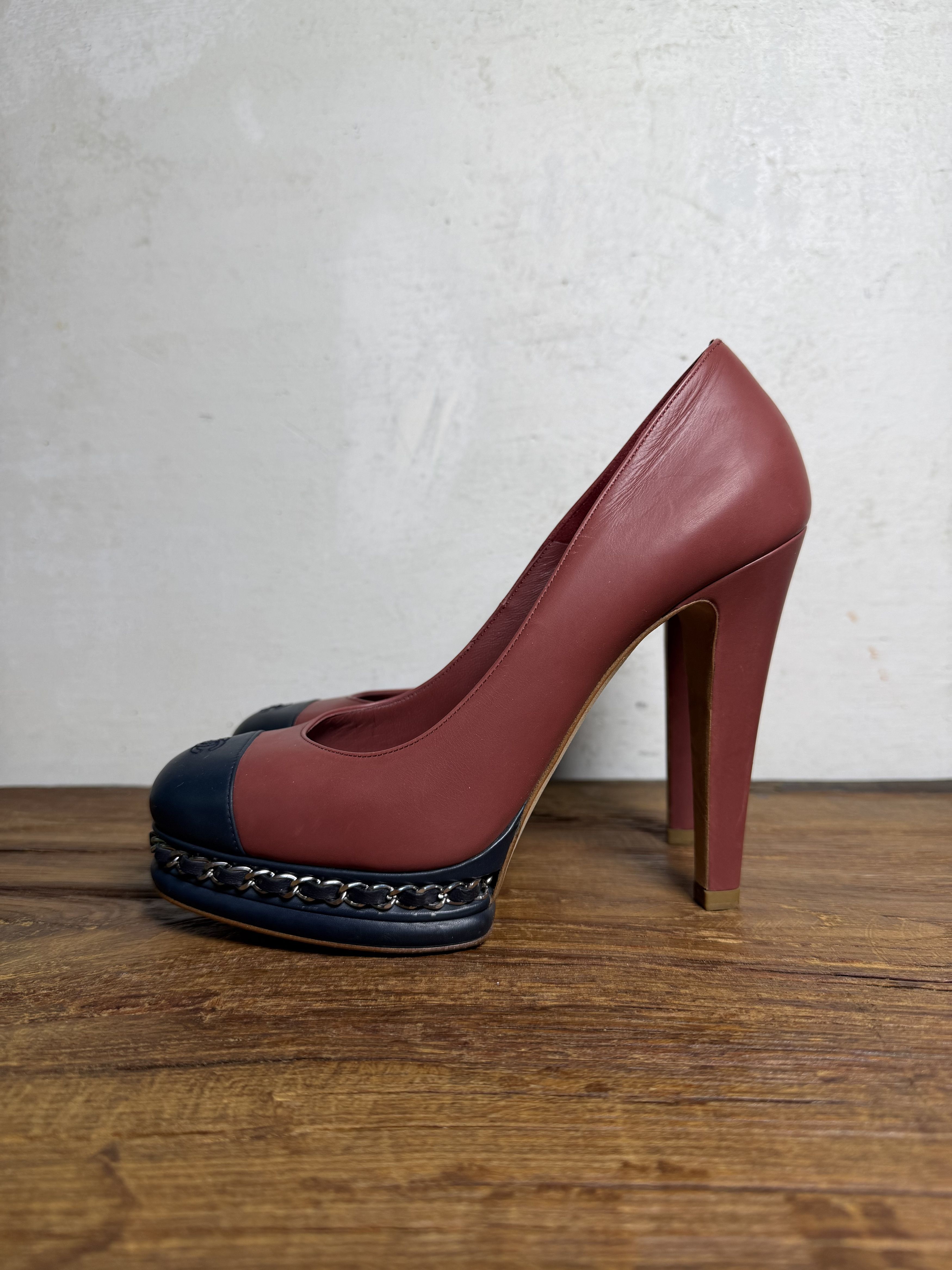 Chanel Chanel Platform Pumps with Chain Detail in Burgundy 100mm Size US 8.5 / IT 38.5 - 1 Thumbnail