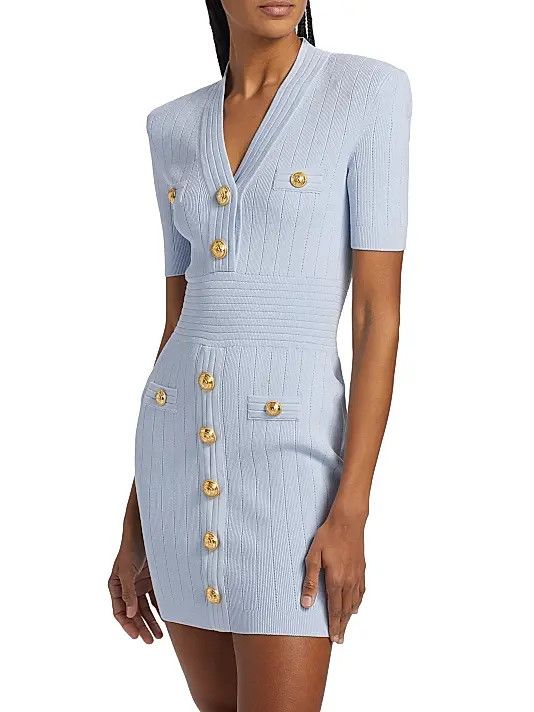 Balmain o1s1wg111225 Button Accented Kinit Mini Dress in Blue Size M / US 6-8 / IT 42-44 - 3 Thumbnail
