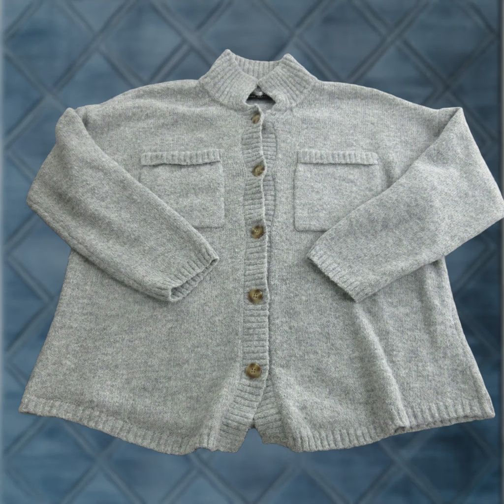 Vintage Lane Bryant Cardigan Sweater Womens 1XL-2XL Gray Button Front Pockets Knit Mock Neck Size XL / US 12-14 / IT 48-50 - 1 Thumbnail
