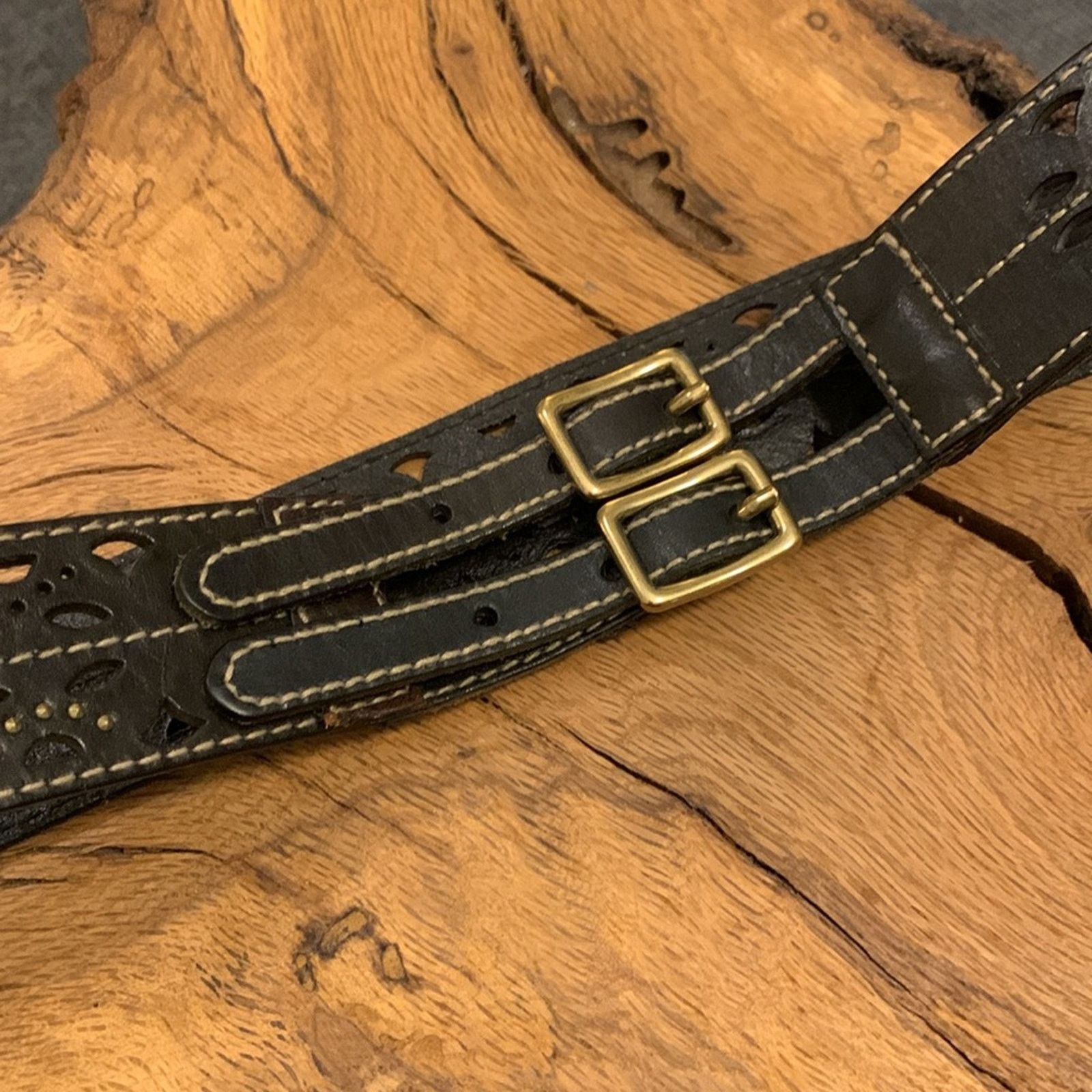 Vintage Double buckle perforated leather belt solid brass with studs Size ONE SIZE - 1 Thumbnail