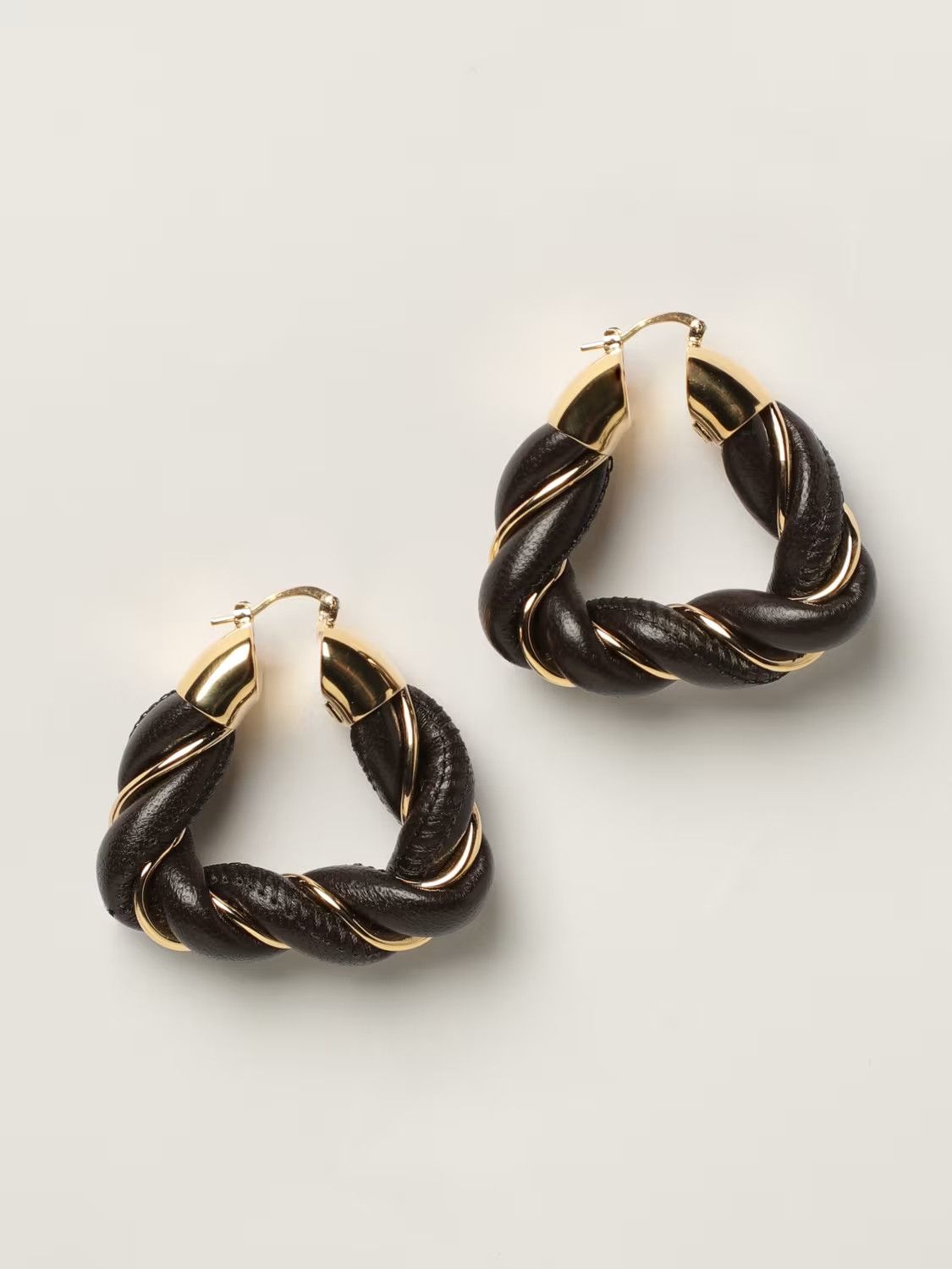 BOTTEGA VENETA Twist triangle brown leather silver earrings