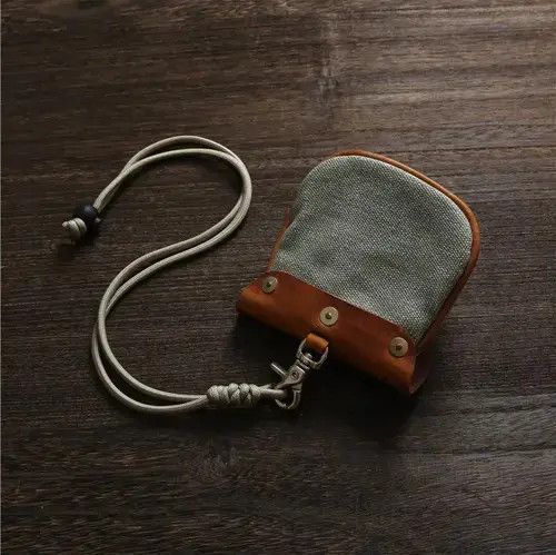 Genuine Leather × Japanese Brand Handmade Small Canvas Leather Coin Pouch Bag With Lanyard Size ONE SIZE - 3 Thumbnail