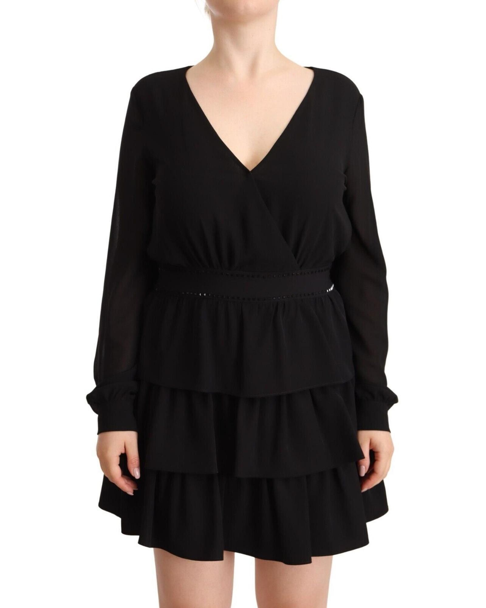 image of Liu Jo Long Sleeves V-Neck Mini A-Line Dress in Black, Women's (Size Medium)