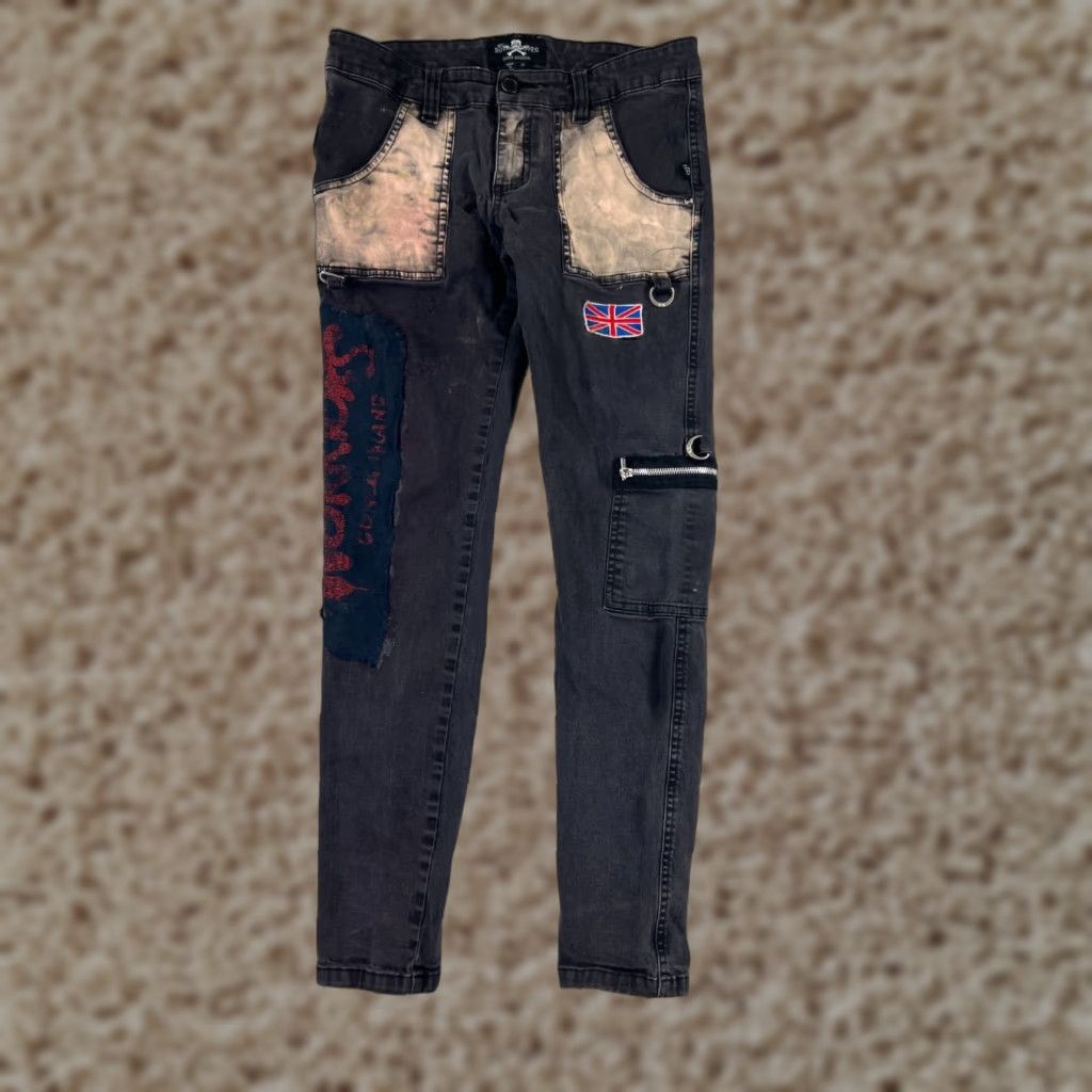 Vintage Royal Bones Womens Black Denim Skinny Jeans 11 Distressed Cargo Button Logo 90s Size 32" / US 10 / IT 46 - 1 Thumbnail